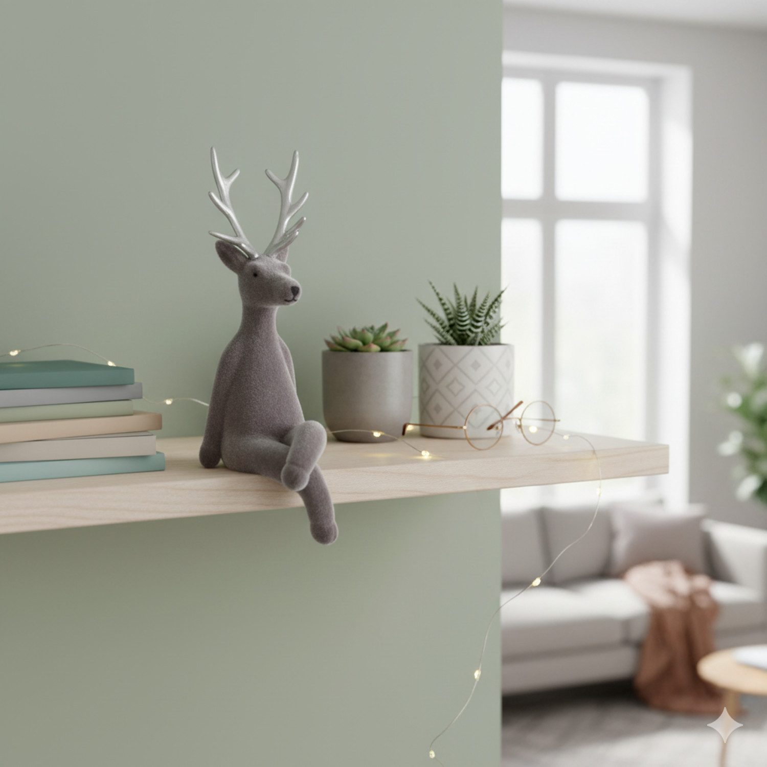Macosa Home Kantenhocker Rentier 21 cm Grau, Orange od. Lila (Dekoration Weihnachtsdeko, Dekofigur modern Weihnachten), Kunststoff beflockt Dekorentier