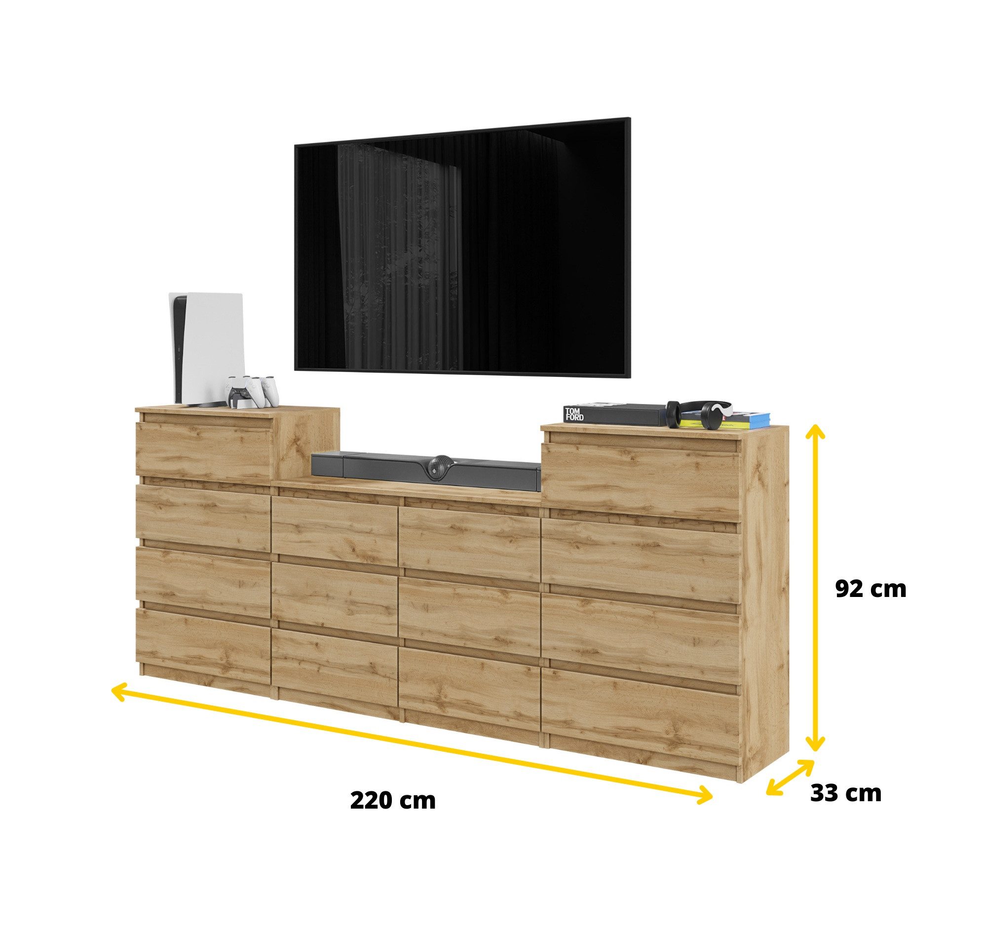Furnica Kommode Wotan Eiche 220 cm mit 14 Schubladen (4+6+4)-Wohn- und Schlafzimmer