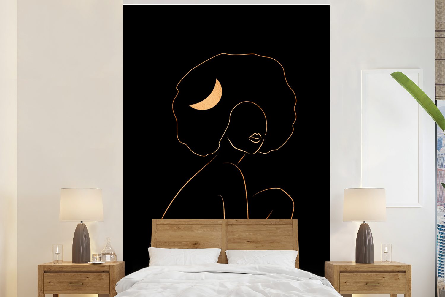 MuchoWow Fototapete Frau - Haarspange - Schwarz und Gold - Strichzeichnung, Matt, bedruckt, (3 St), Montagefertig Vinyl Tapete für Wohnzimmer, Wandtapete