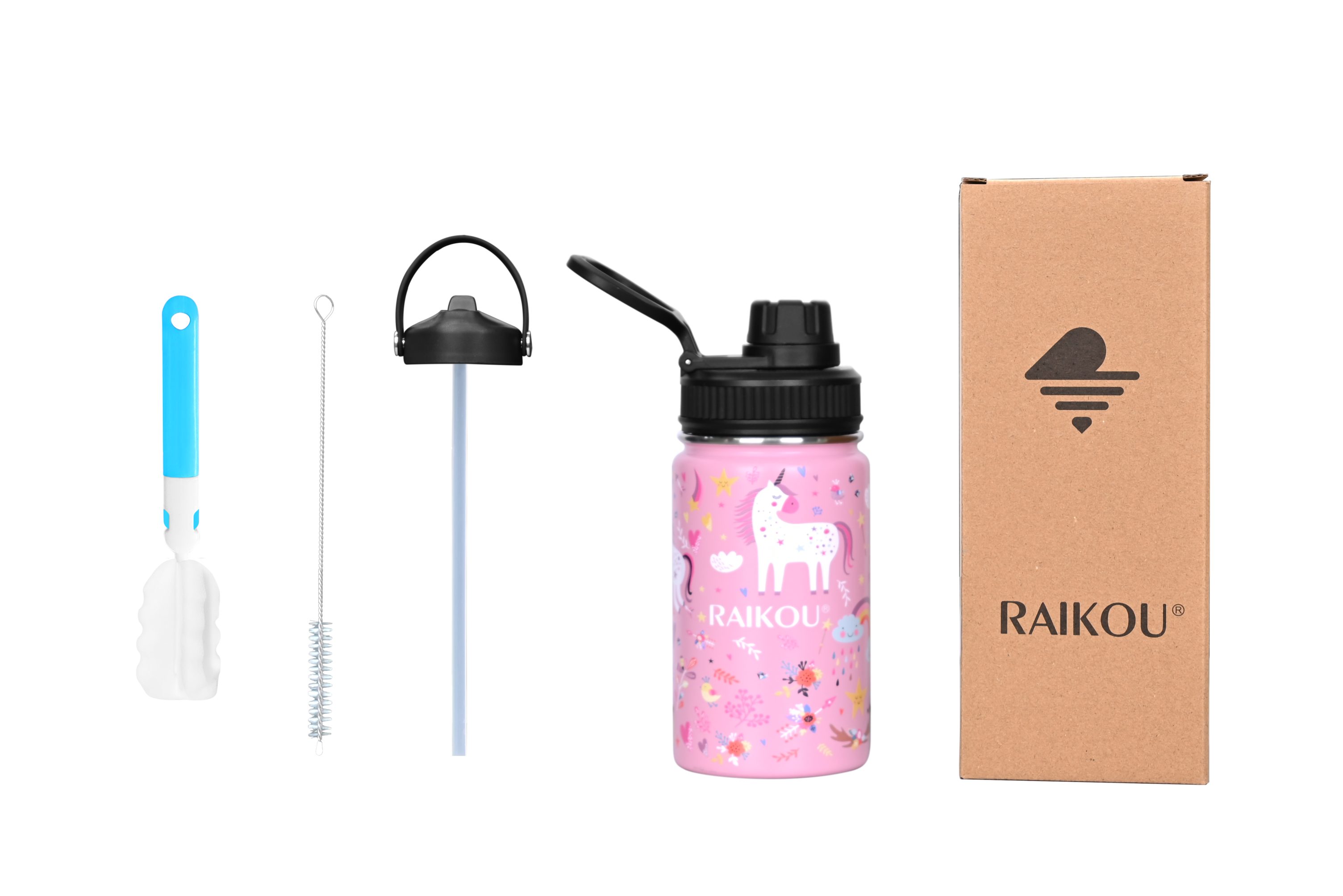 RAIKOU Isolierflasche Trinkflasche Vakuumisolierte Wasserflasche Auslaufsichere Sportflasche, mit 2 Deckel Rosa Pony