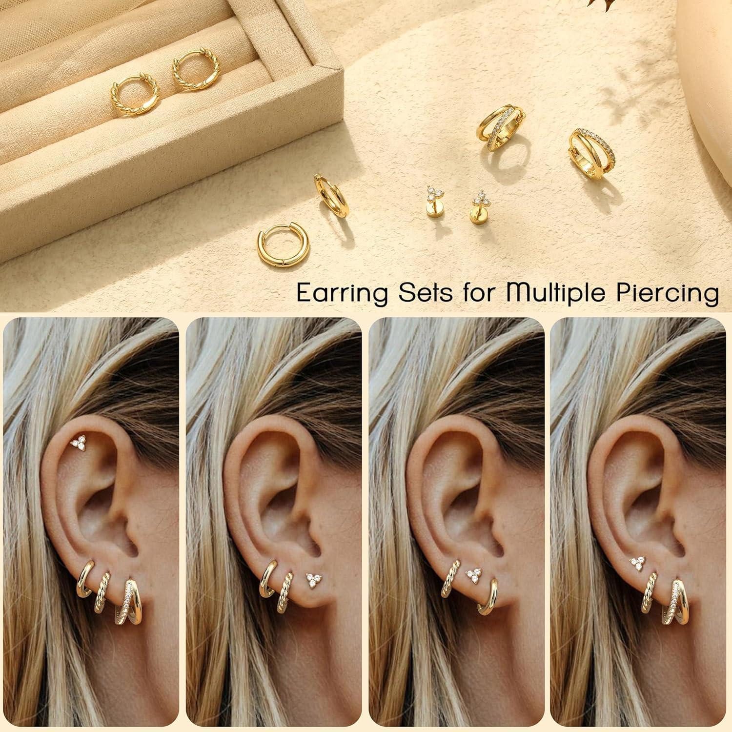 LuxusKollektion Schmuckset Ohrringe 4 Paar Damen Silber Gold Creolen 14K Doppelter Creolen-Gold