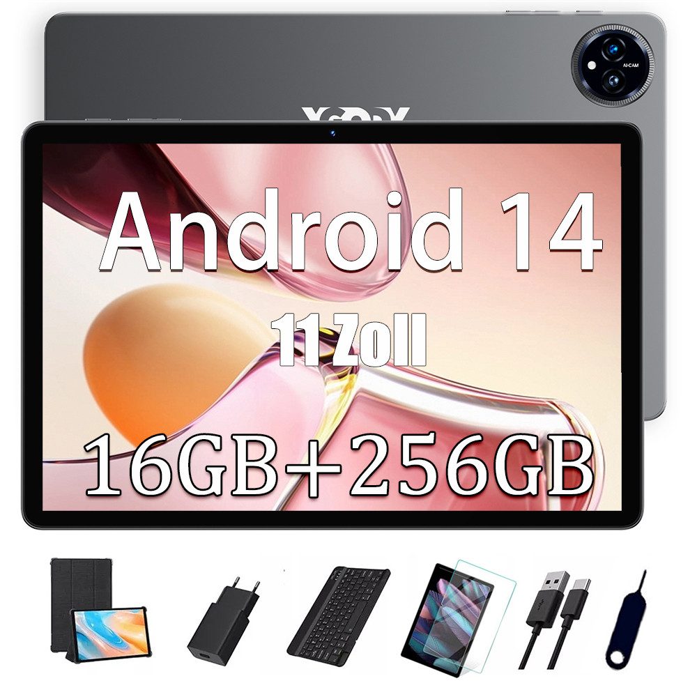 XGODY Android14 11" 16GB+128GB mit Tastatur, Ledertasche und Ladegerät Tablet (11", 256 GB, 13, Android 14,16GB RAM,WLAN,HD+IPS,Octa-Core,PC,Mit-Tastaturtasche)