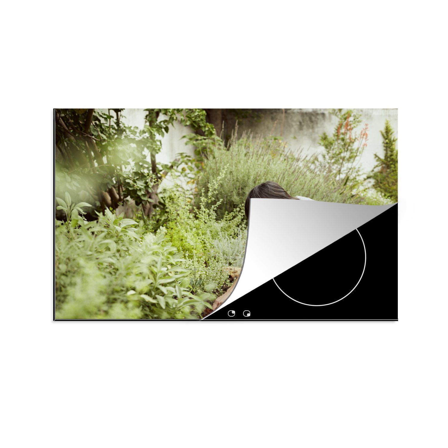 MuchoWow Herdblende-/Abdeckplatte Mutter und Tochter pflanzen gemeinsam im Garten, Vinyl, (1 tlg), 81x52 cm, Induktionskochfeld Schutz für die küche, Ceranfeldabdeckung