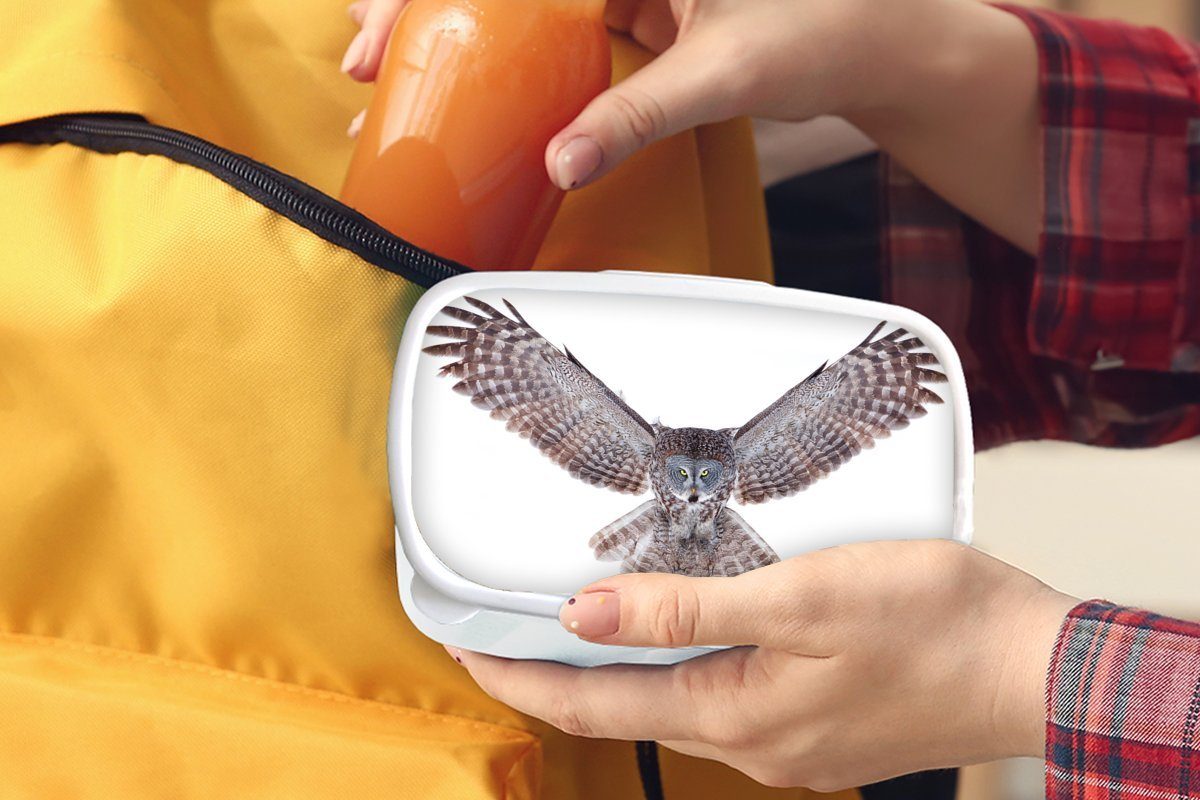 Lunchbox Brotbox Brotdose, Eule, für MuchoWow Erwachsene, Kunststoff, und Kinder Jungs und weiß Fliegende Mädchen für (2-tlg),