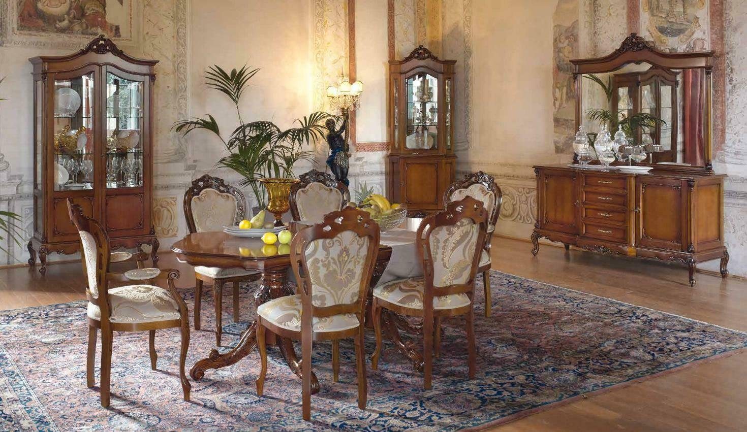 JVmoebel Esszimmer-Set, Italienische Barock Stil Möbel Esszimmer 11tlg. Set Tisch Stühle Kommode Vitrine