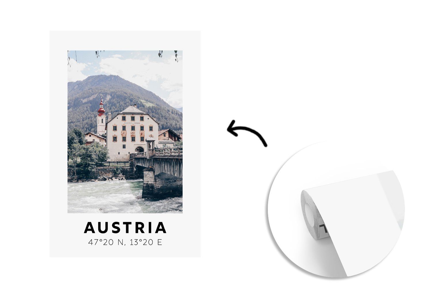 Fototapete - Österreich Wasser Wohnzimmer, Alpen für St), Wandtapete - Vinyl (3 Tapete Matt, Herberge, Montagefertig bedruckt, - MuchoWow