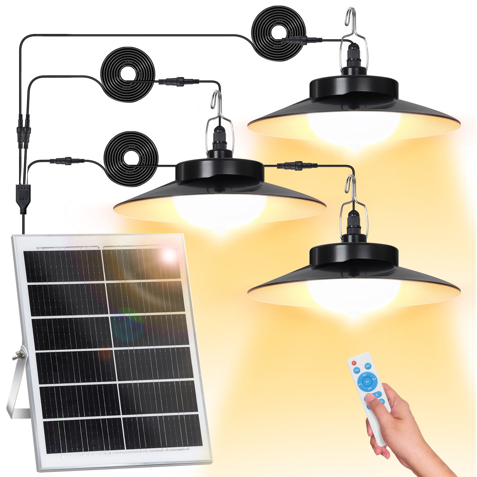 LMaxhome LED Solarleuchte Hängelampen Solar Deckenleuchte Outdoor, 5 Modi mit Fernbedienung IP65, Trennbar - 3 Lampen (Neu verbessert), LED fest integriert, Warmweiß/Kaltweiß Wahlbar, mit Bewegungsmelder und 5m Kabel, Solarlampe für Garten, Terrasse