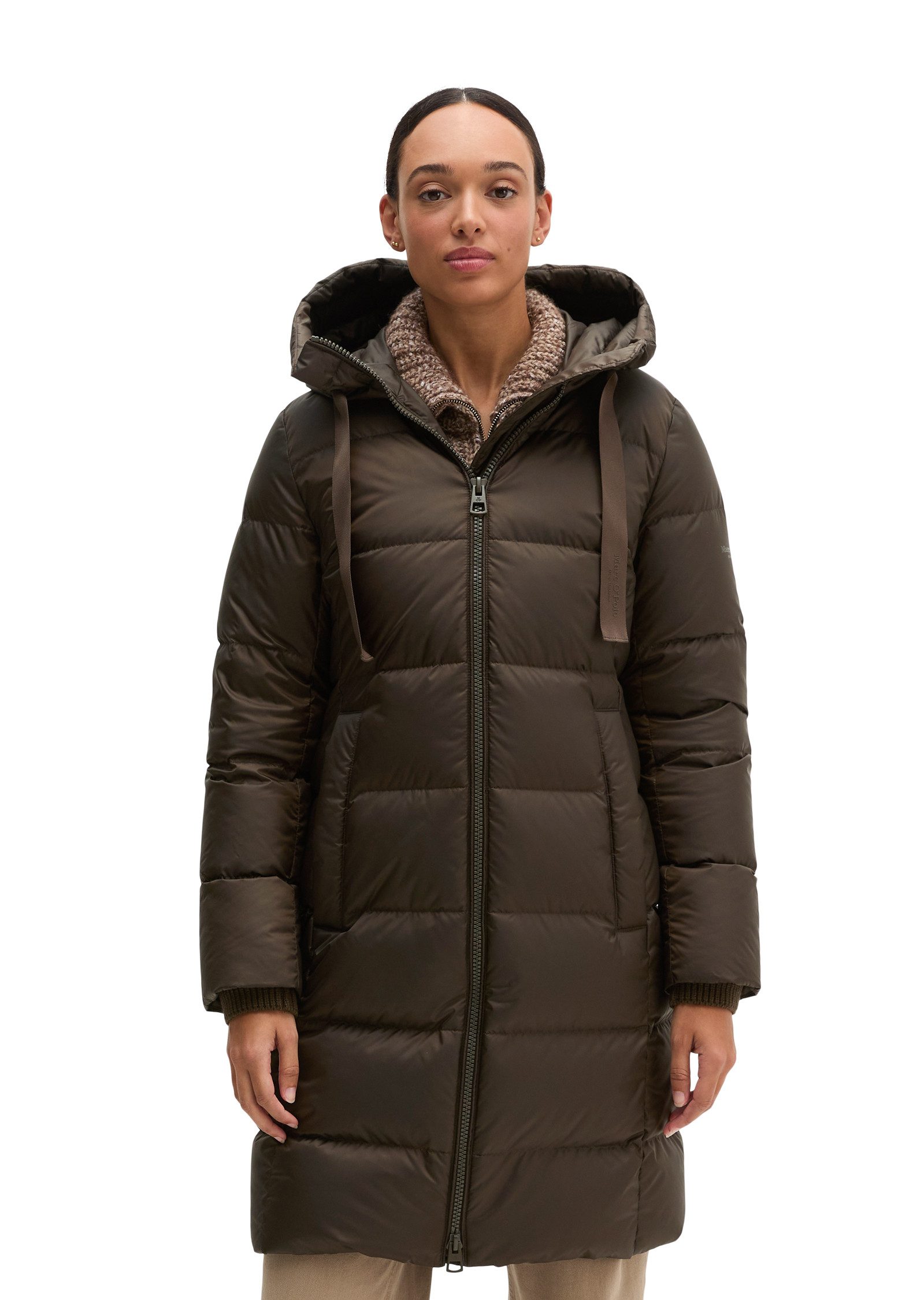 Marc O'Polo Daunenmantel mit 2-Way-Zipper und Label-Band an der Kapuze