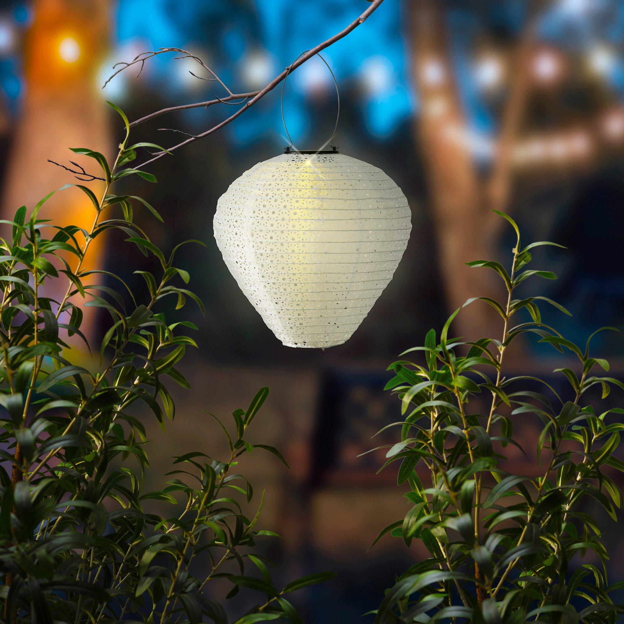 Lumineo LED Solarleuchte, Dauerlicht, warmweiß, Solar LED Laterne Nylon 30x28cm Weiß /Warmweiß Ornament Gartenlampion