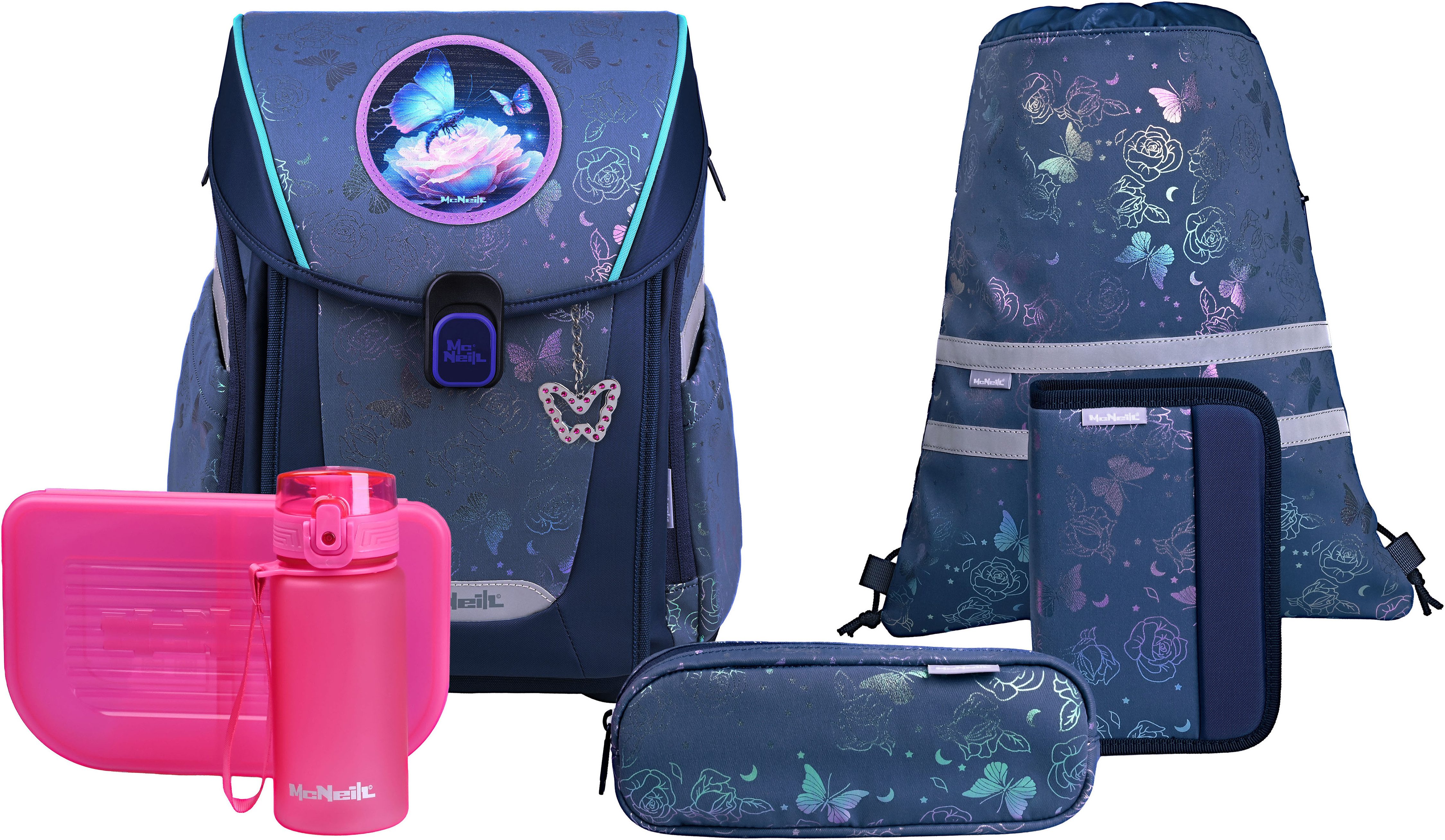 McNeill Schulranzen Primo, inkl. Etui, Turnbeutel, (Set, 9-tlg., Schlamperrolle, Trinkflasche, Lunchbox, 2 Magnete & 1 Anhänger)