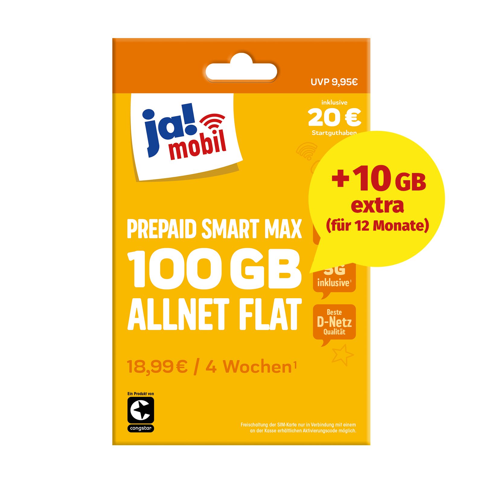 Ja! Mobil Prepaid Smart Max 5G Simkarte mit 20 € Startguthaben Prepaidkarte, (100 GB mit 5G, EU-Roaming inkl. Schweiz, ohne Vertrag)