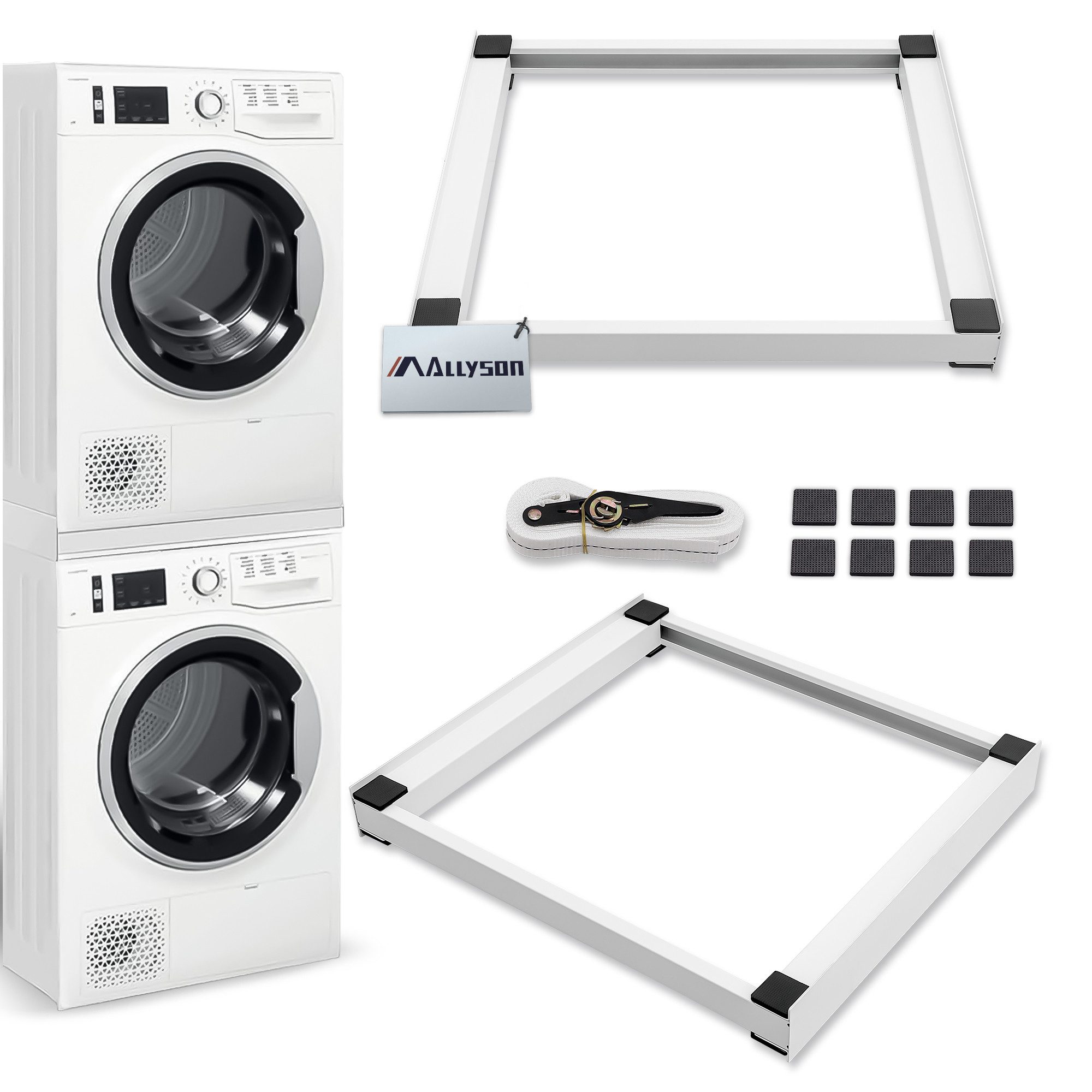 Allyson Zwischenbaurahmen Universal Zwischenbausatz für Waschmaschine & Trockner aus Metall (Spar-Set, Metallrahmen, Spanngurt, Anti-Rutsch Pads), Standard mit Spanngurt & Antirutschpads