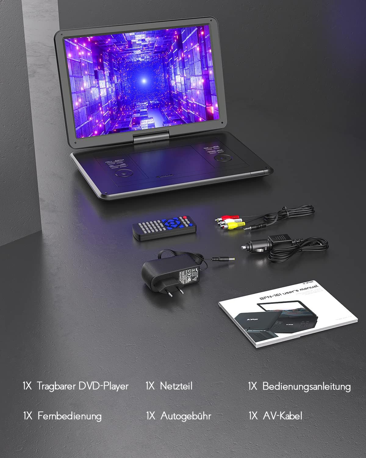 TWUFY 17,5" Tragbarer DVD-Player mit 15,6" großem HD-Display Portabler DVD-Player (Unterstützt USB/TF-Karte/Sync-TV/Projektor-Bildschirm)