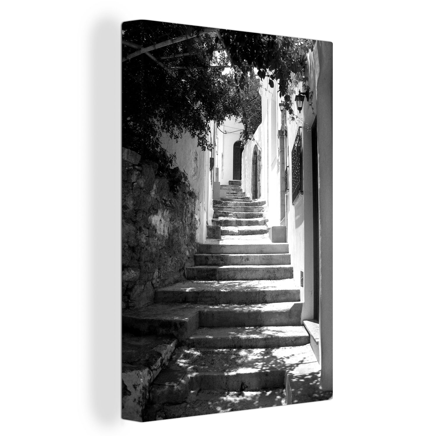 OneMillionCanvasses® Leinwandbild Schöne Treppen in den Straßen der Altstadt von Rhodos - schwarz und, (1 St), Leinwandbild fertig bespannt inkl. Zackenaufhänger, Gemälde, 20x30 cm