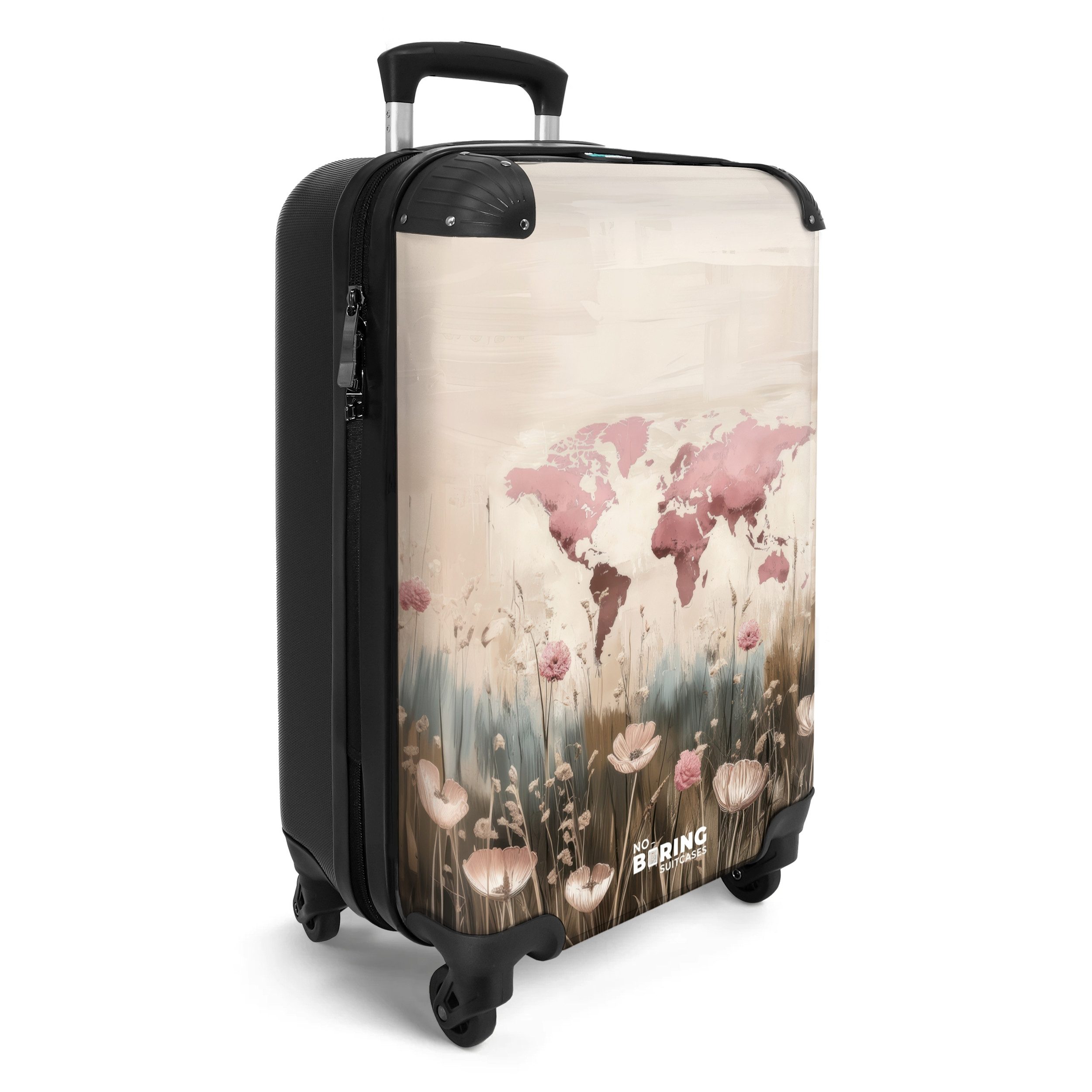 NoBoringSuitcases.com© Hartschalen-Trolley Weltkarte - Rosa - Blumen 55x35x20cm, 4 Rollen, Reisetasche mit Rollen, Koffer Handgepäck Flugzeug