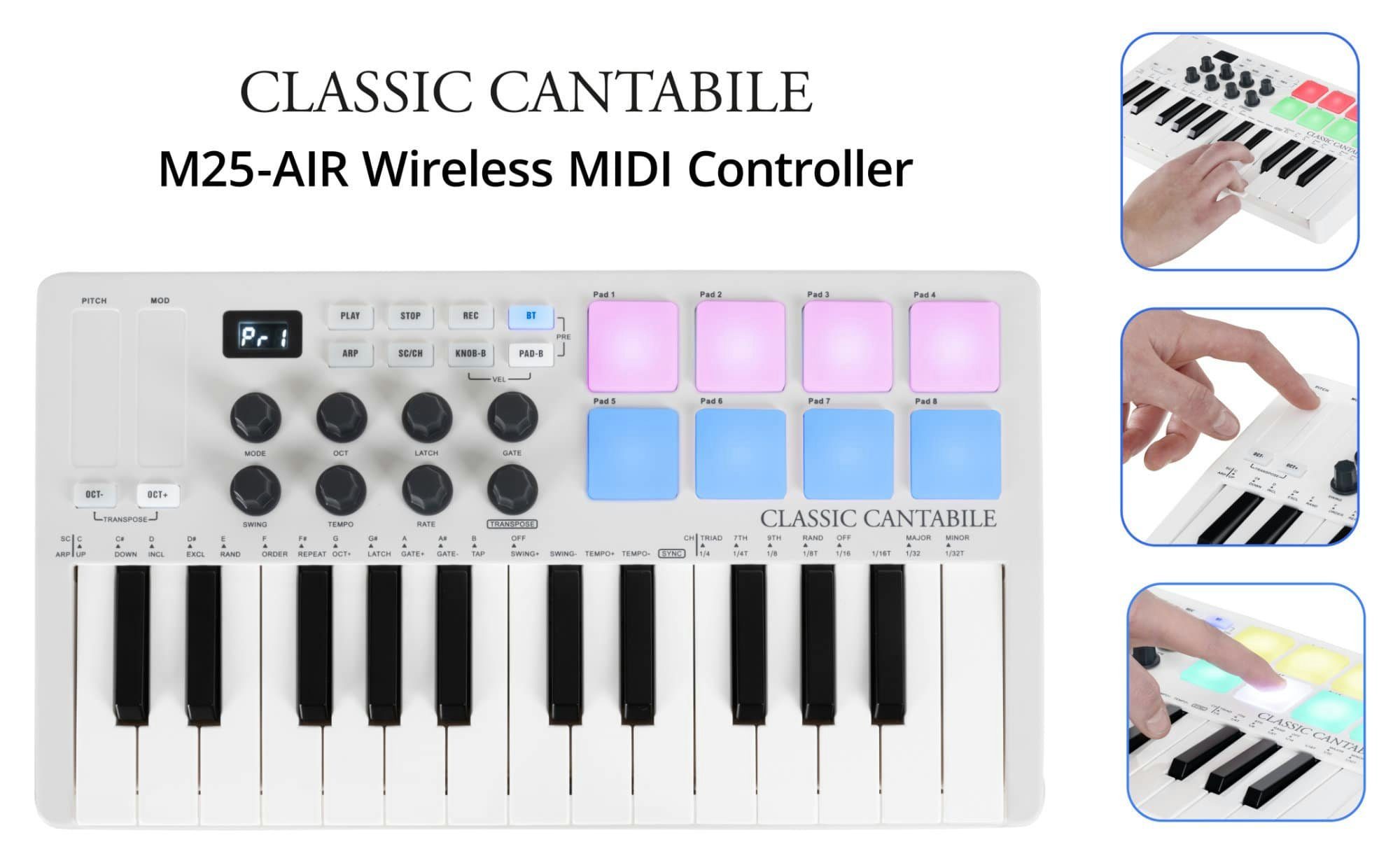 Classic Cantabile Entertainer-Keyboard M25-AIR Wireless MIDI Controller - kompatibel zu Apple iPhone & iPad (Inkl. USB-Kabel USB-A -> USB-B), LED-beleuchtete Pads