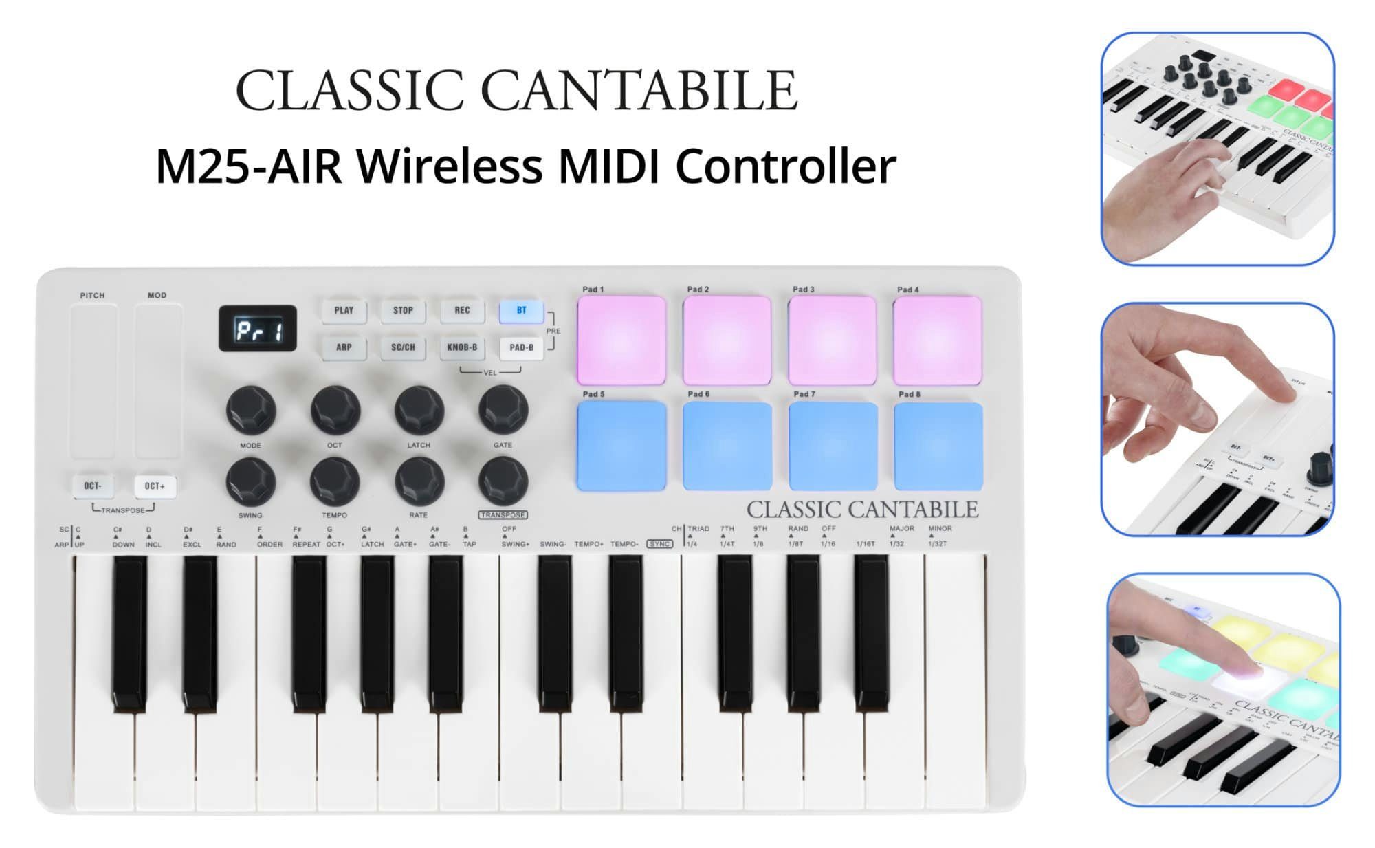 Classic Cantabile Keyboard M25-AIR Wireless MIDI Controller - kompatibel zu  Apple iPhone & iPad, (Inkl. USB-Kabel USB-A -> USB-B), LED-beleuchtete Pads