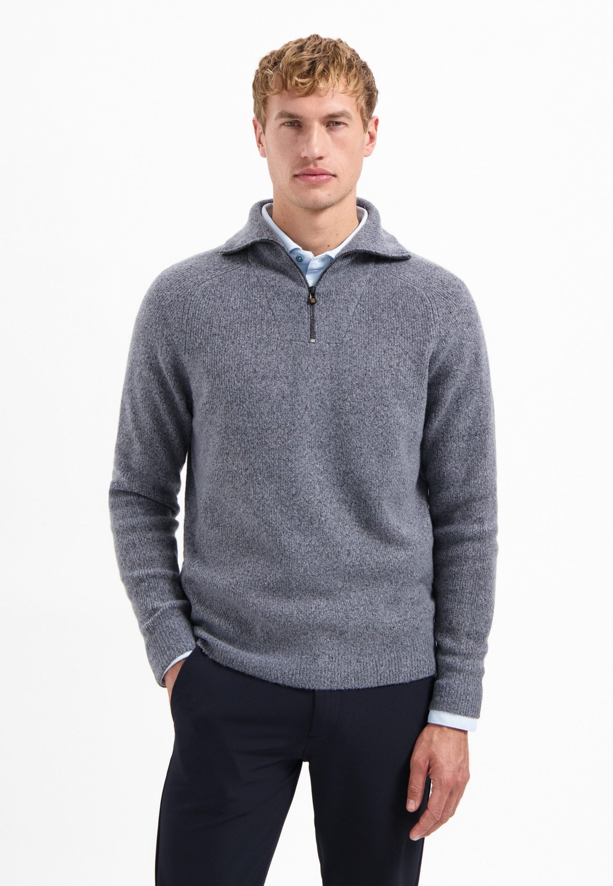NO EXCESS Stehkragenpullover No Excess Wollpullover mit hohem Reißverschluss