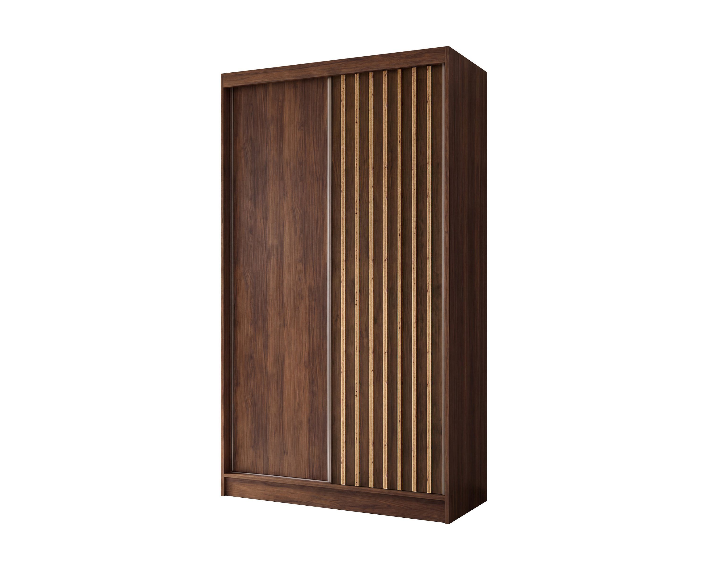 Masseno Schwebetürenschrank LAMELLO 120 cm Kleiderschrank 2 Türen und 2 Schubladen Nussbraun