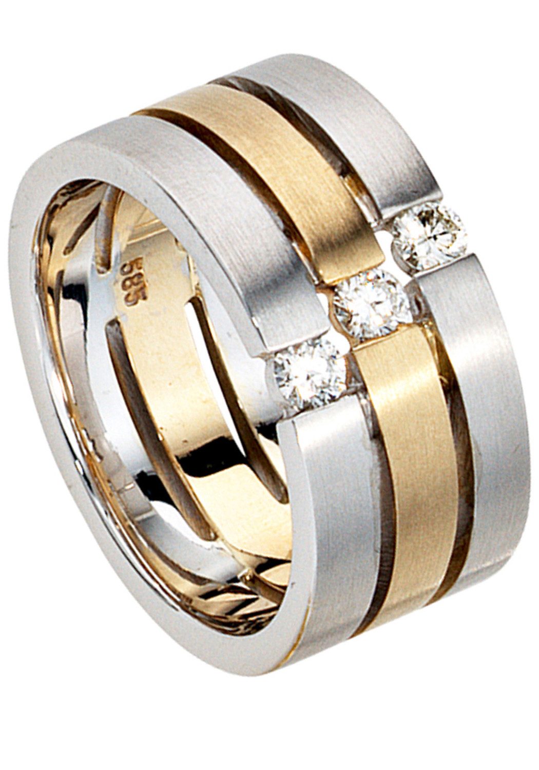 JOBO Diamantring Ring 3-reihig breit Statement, 585 Gold bicolor matt mit 3 Diamanten