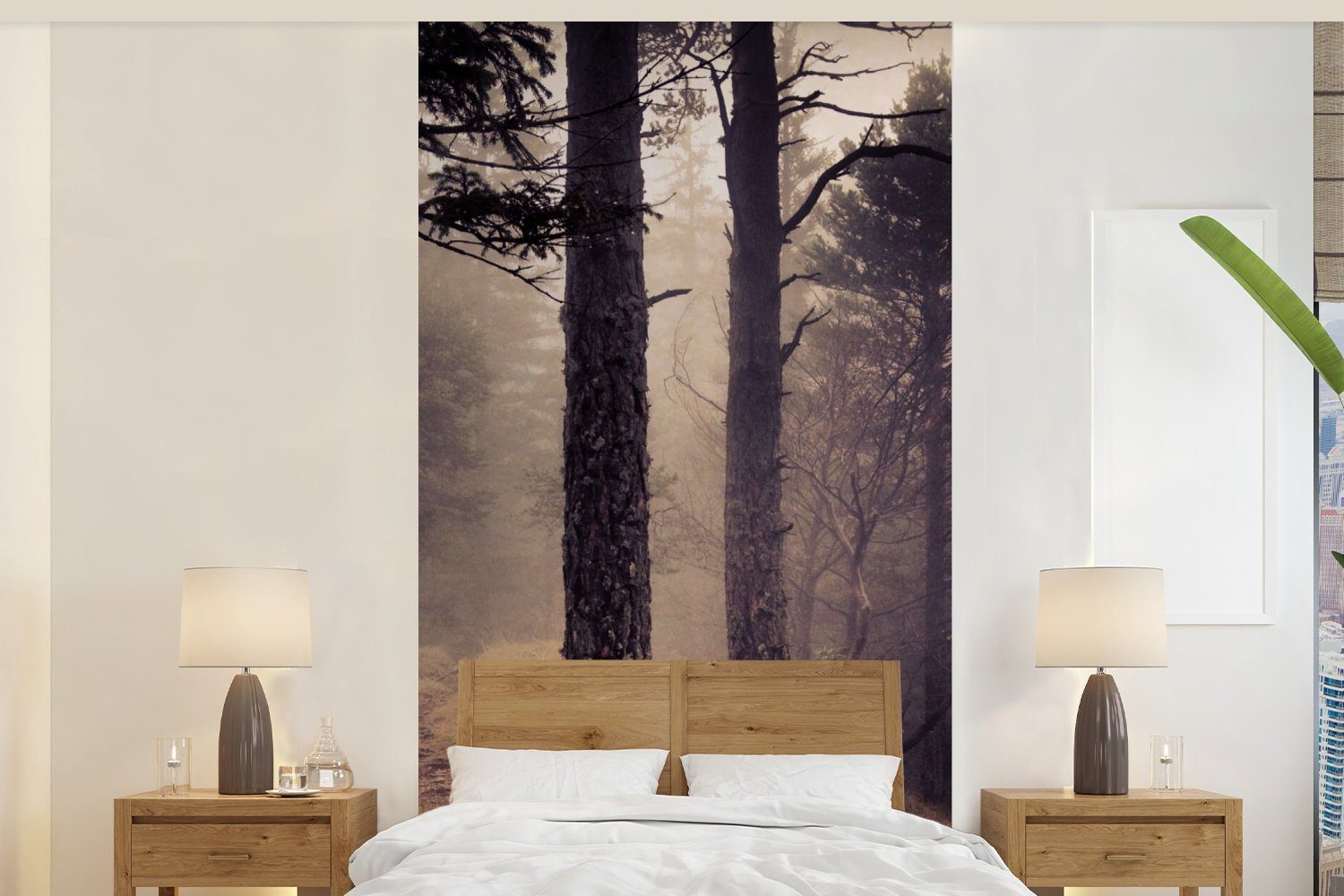 MuchoWow Fototapete Nebel - Herbstdekoration - Natur - Wald, Matt, bedruckt, (2 St), Vliestapete für Wohnzimmer Schlafzimmer Küche, Fototapete