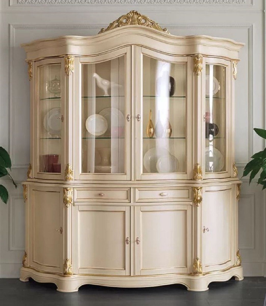 Italy / - Vitrinenschrank - Vitrine mit Möbel 2 Luxus Cremefarben Barock und in 8 Massivholz Padrino Türen Casa - Gold Handgefertigter Luxus Vitrine Qualität Made Prunkvolle Barock Schhubladen -