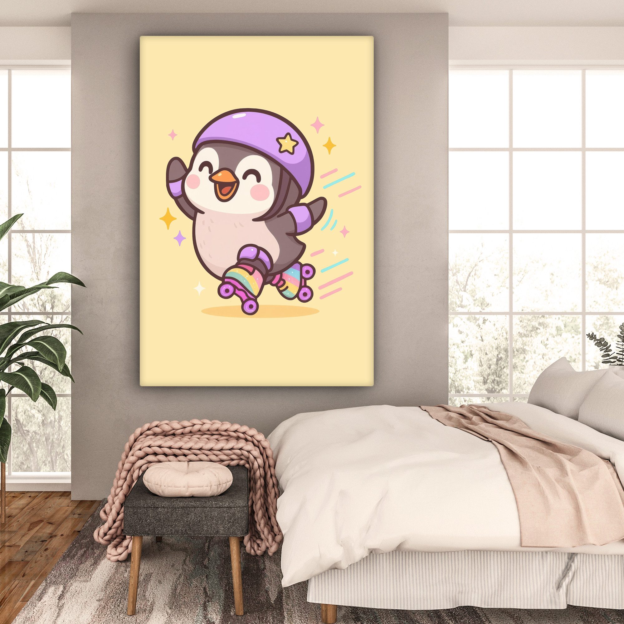 OneMillionCanvasses® Leinwandbild Pinguin - Rollschuhe - Gelb - Energetisch, Fotodruck (1 St), Leinwandbilder XXL für Wohnzimmer 90x140 cm