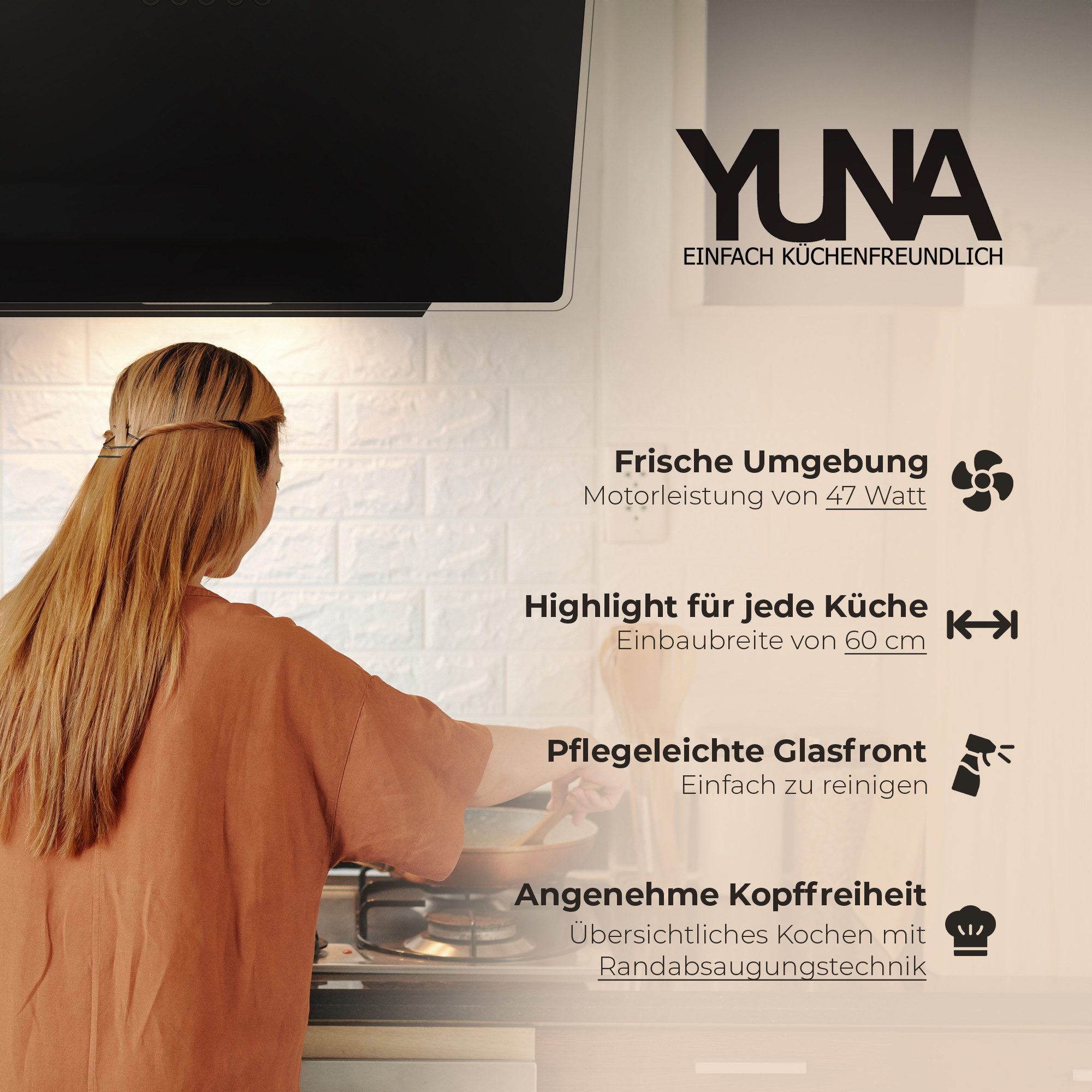 YUNA Kopffreihaube Dunstabzugshaube DUANA Glasfront 3 Leistungsstufen Dunstabzugshaube DUANA Glasfront 3 Leistungsstufen, 60cm, LED Beleuchtung, Abluft & Umluft, schwarz, o. Kohlefilter