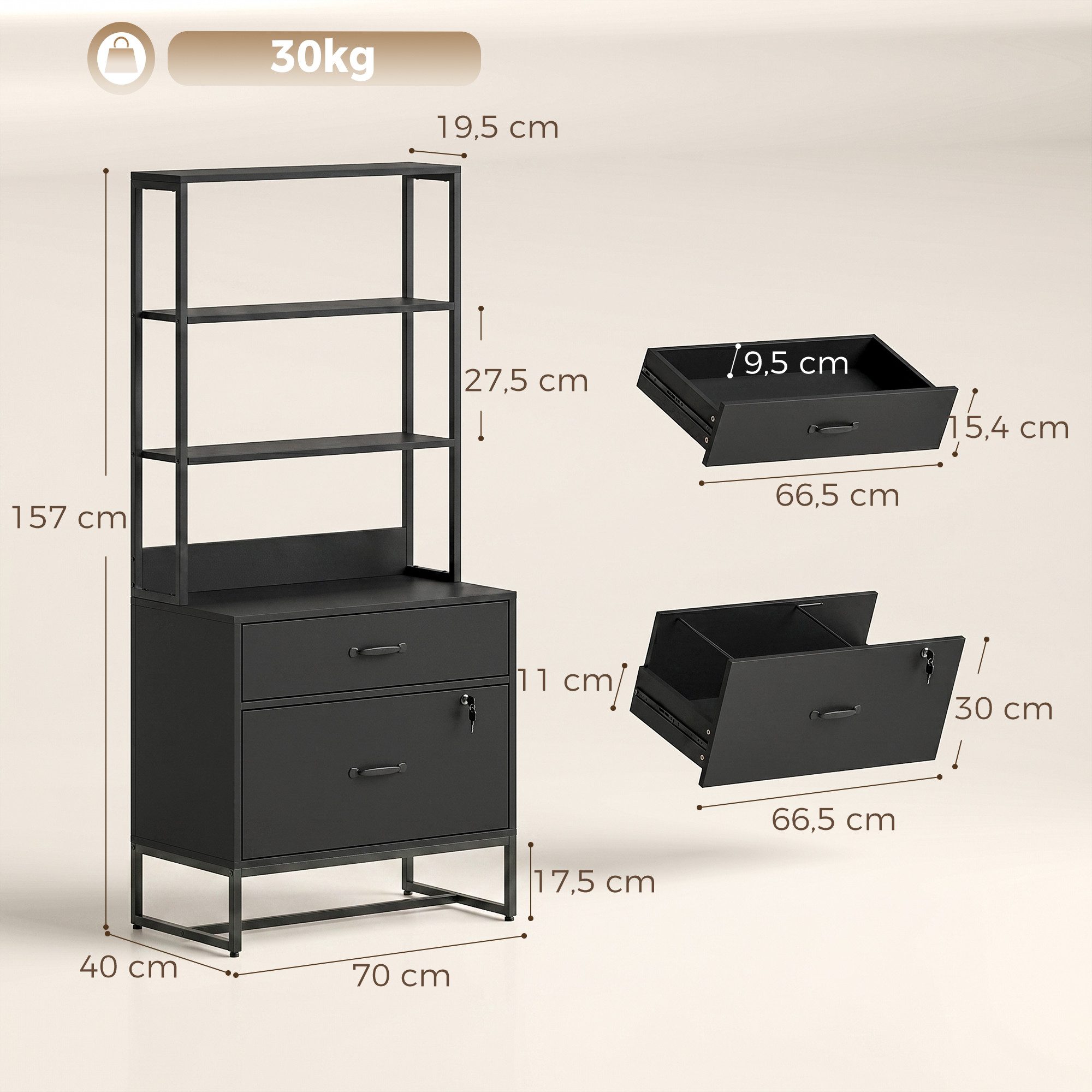 HOMCOM Aktenschrank Abschließbar Büroschrank mit 2 Schubladen, 3 Offenen Ablagefächern (Aufbewahrungsschrank, 1-St., Mehrzweckschrank) für Arbeitszimmer, Büro, Garage, 70 x 40 x 157 cm, Schwarz