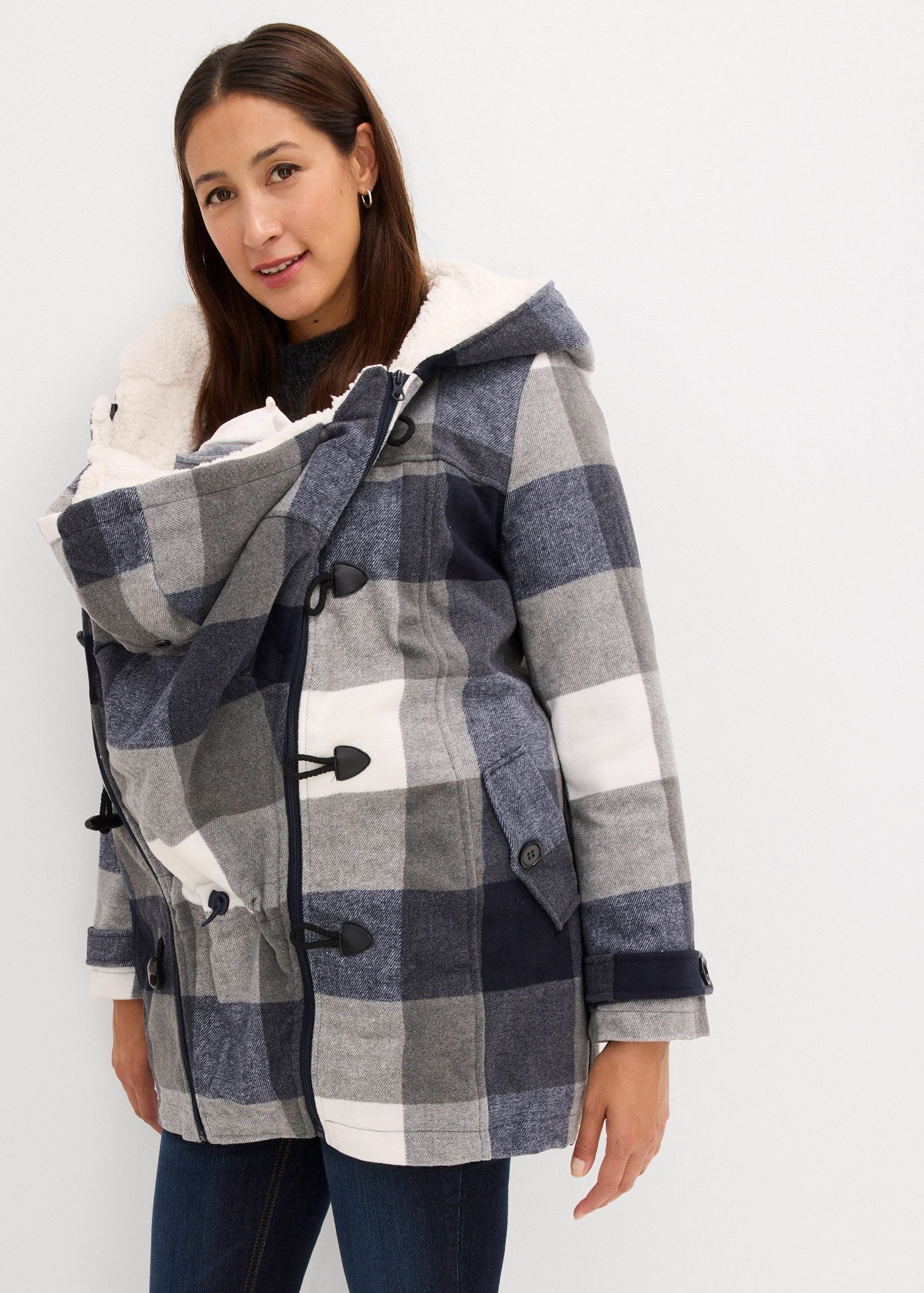 bonprix Umstandsjacke mit Teddyfutter, mit Kapuze, mit herausnehmbarem Baby-Einsatz, bequem