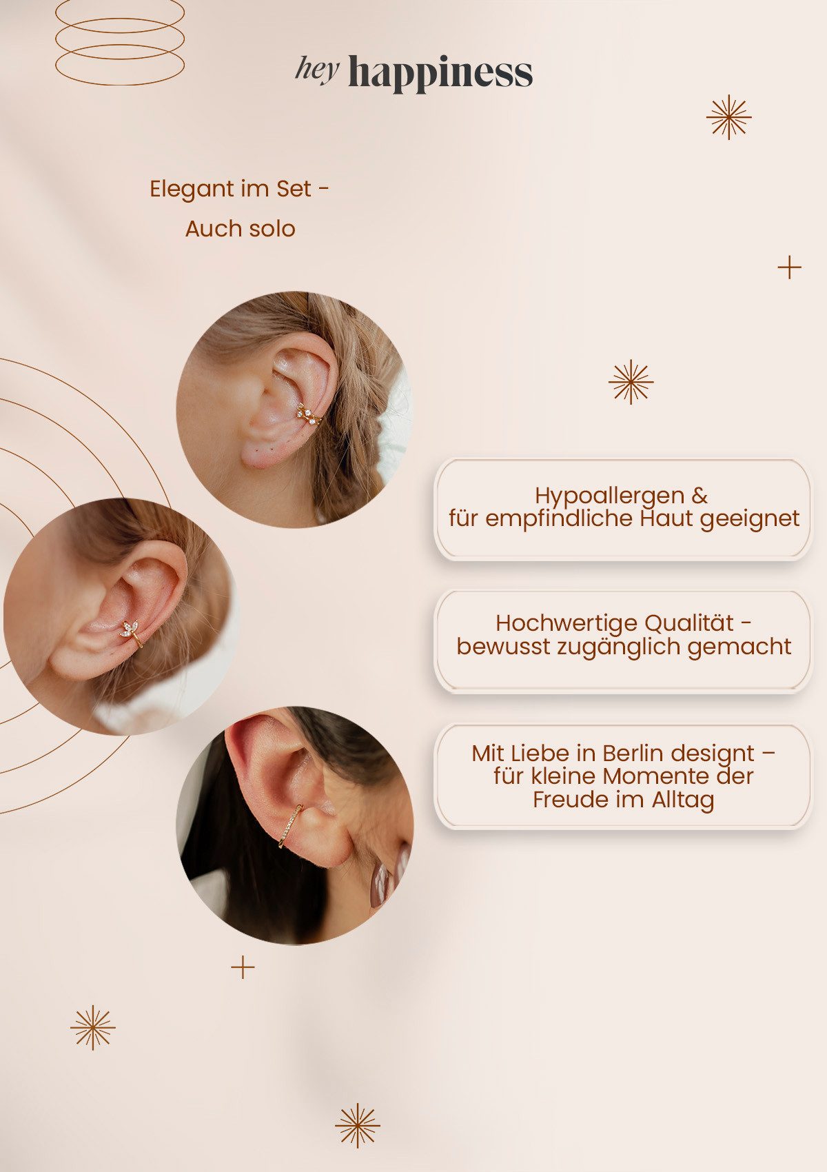 Hey Happiness Ohrklemmen-Set 3er Kristalle, Ear Cuff Silber 925 Damen, Vergoldetes Layer Set 3-tlg., Ohrringe ohne Loch – Bild 5 von 5