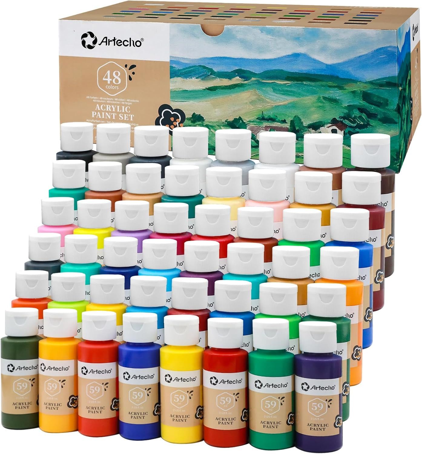 Artecho Acrylfarbe Set - 18 / 24 /48 wasserfeste Farben, je 59 ml mit Klappverschluss, für Papier, Ton, Holz, Steine – zum Reisen, Malen & Freude verschenken