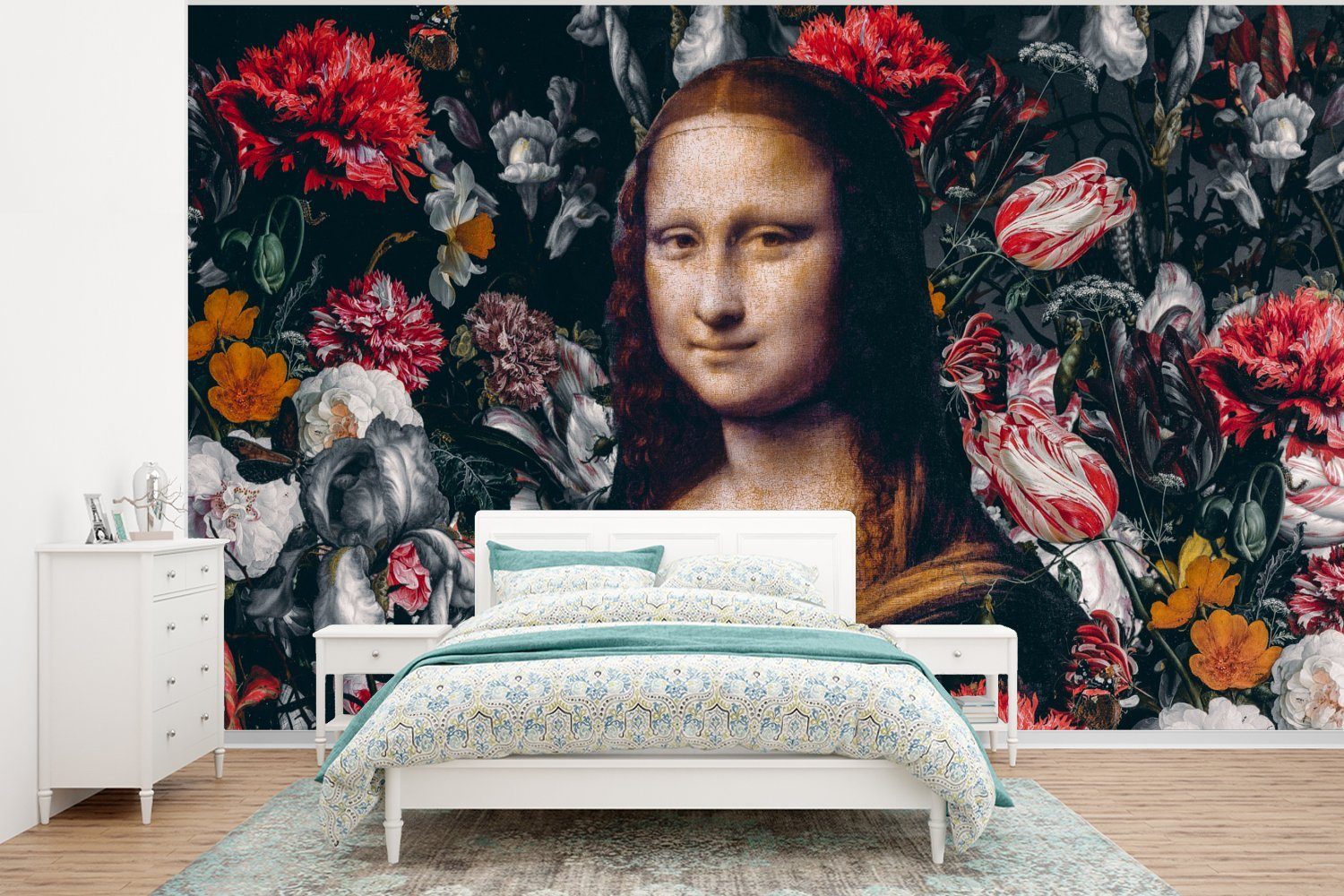 MuchoWow Fototapete Leonardo da Vinci - Mona Lisa - Blumen, Matt, bedruckt, (6 St), Wallpaper für Wohnzimmer, Schlafzimmer, Kinderzimmer, Vinyl Tapete