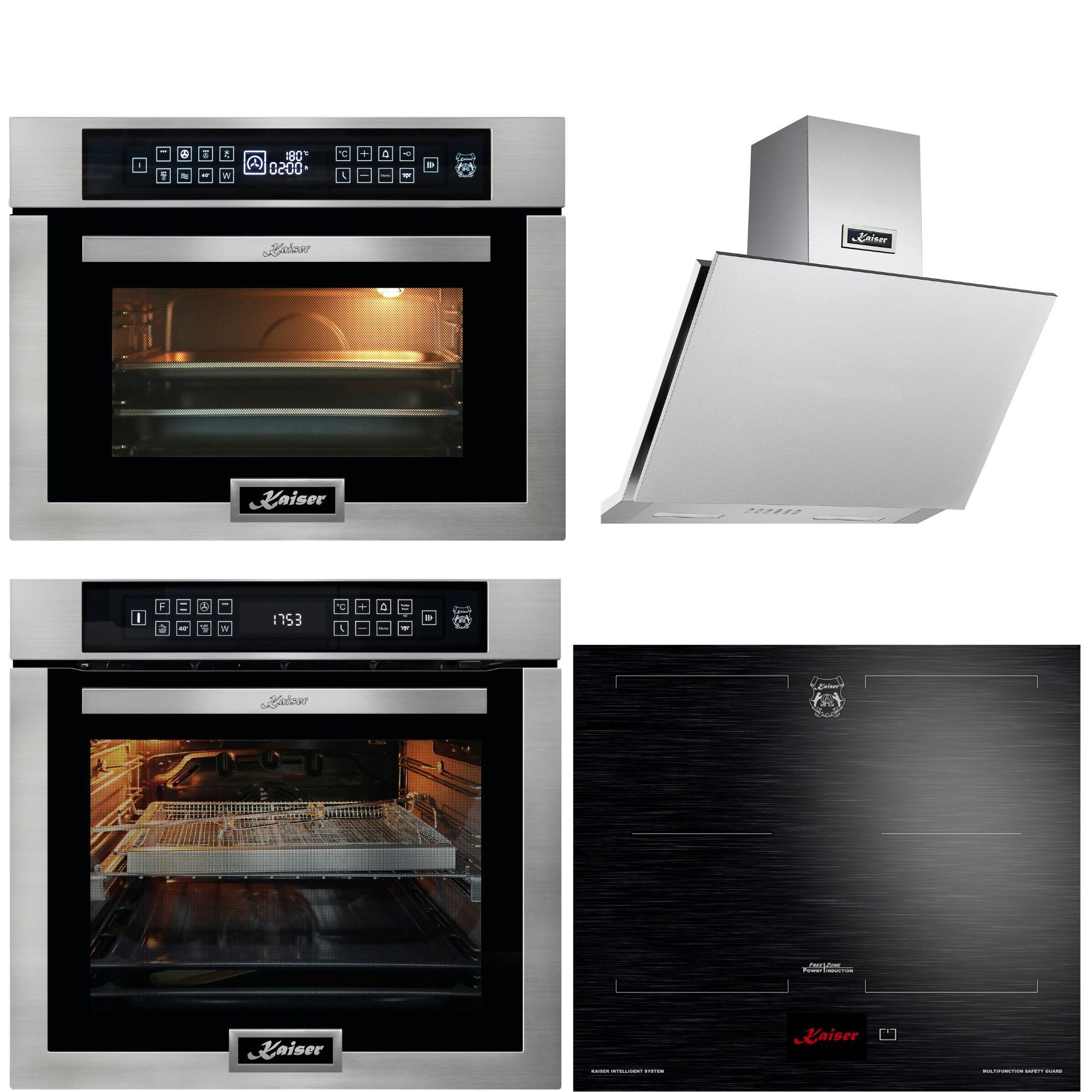 Kaiser Küchengeräte Backofen-Set Einbaubackofen,Edelstahl,86L 15 Fkt.+ Mikrowellen-Backofen, 45 cm+Einbau Induktionskochfeld 60 cm+Dunstabzugshaube 60cm 1250m³/h Edelstahl EH 6306 N R+EH 6307 R+KCT 6140 FI+AT 6455, mit 1-fach-Teleskopauszug