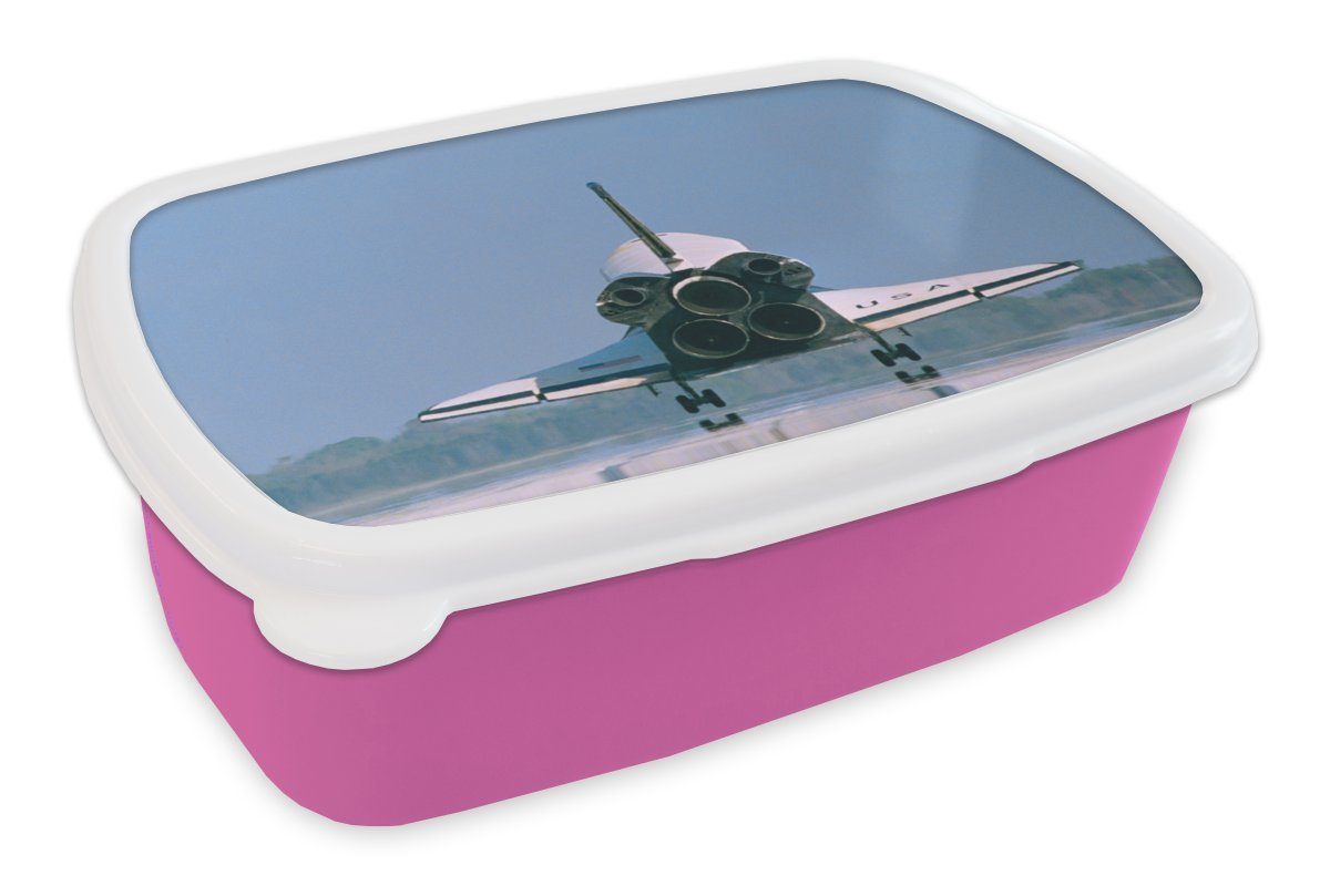 MuchoWow Lunchbox Das Heck einer Raumfähre auf der Startrampe, Kunststoff, (2-tlg), Brotbox für Erwachsene, Brotdose Kinder, Snackbox, Mädchen, Kunststoff rosa