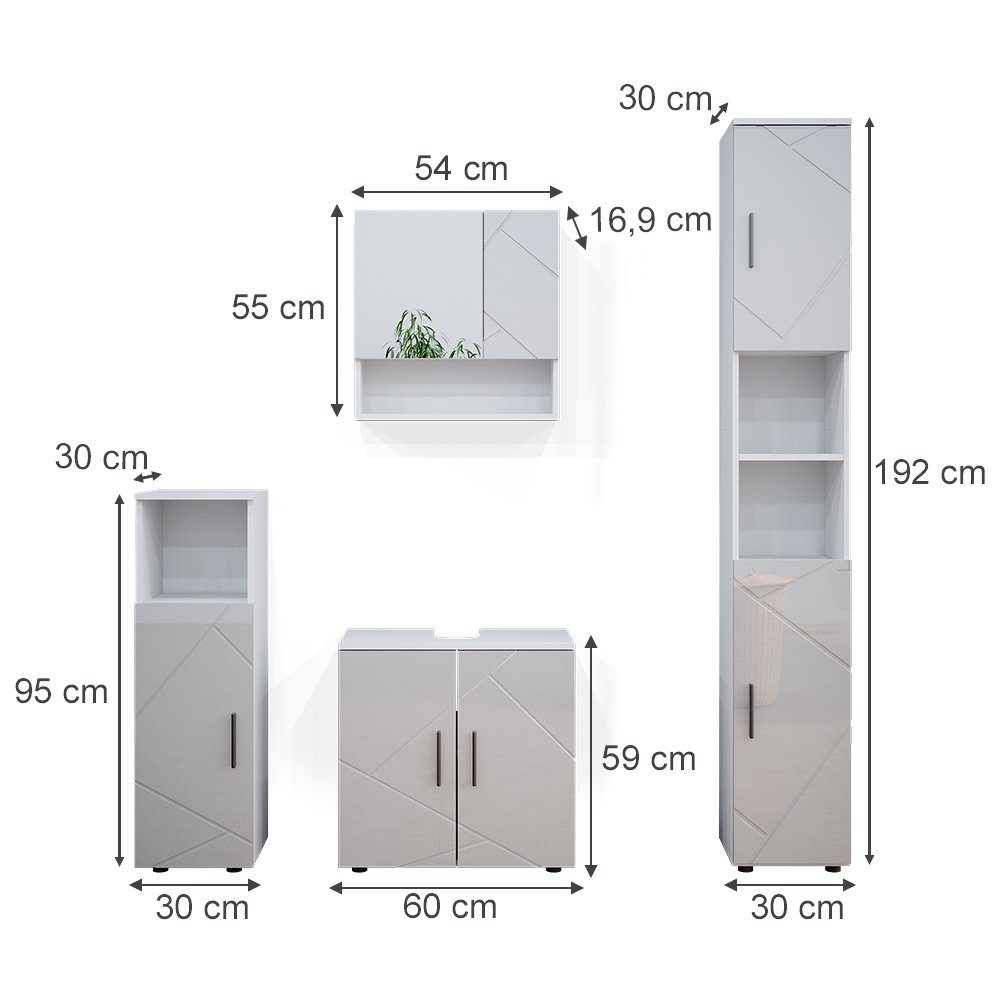 Hochglanz Badezimmerset IRMA Set Badezimmer-Set Weiß (4-er 6, Set, 4-er 4-St., Set) Vicco