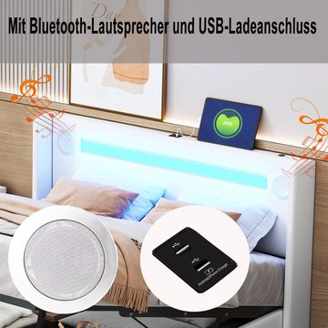 MODFU Polsterbett Kinderbett mit LED-Lichtleiste, Bluetooth-Player und USB-Aufladung (Kunstleder-Aufbewahrungsbett, Hochbettkasten, Jugendbett mit Lattenrost, 90x200cm), ohne Matratze