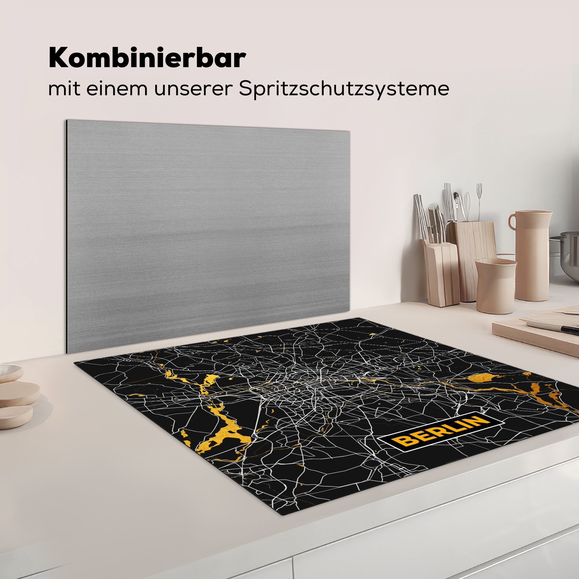 MuchoWow Herdblende-/Abdeckplatte Stadtplan Deutschland Karte tlg), küche cm, Berlin (1 Arbeitsplatte - - - Gold, - 78x78 für Ceranfeldabdeckung, Vinyl