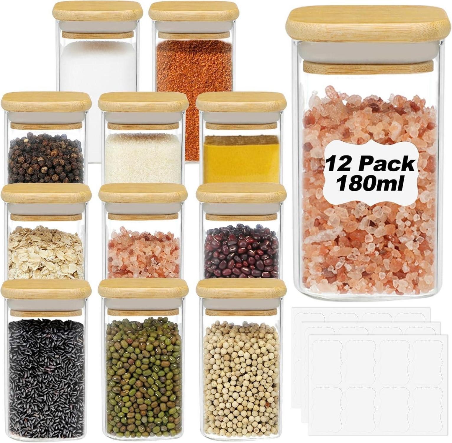Gläser-Set Gewürzgläser Eckig mit Bambusdeckel, 12er Set 180ml, Etiketten