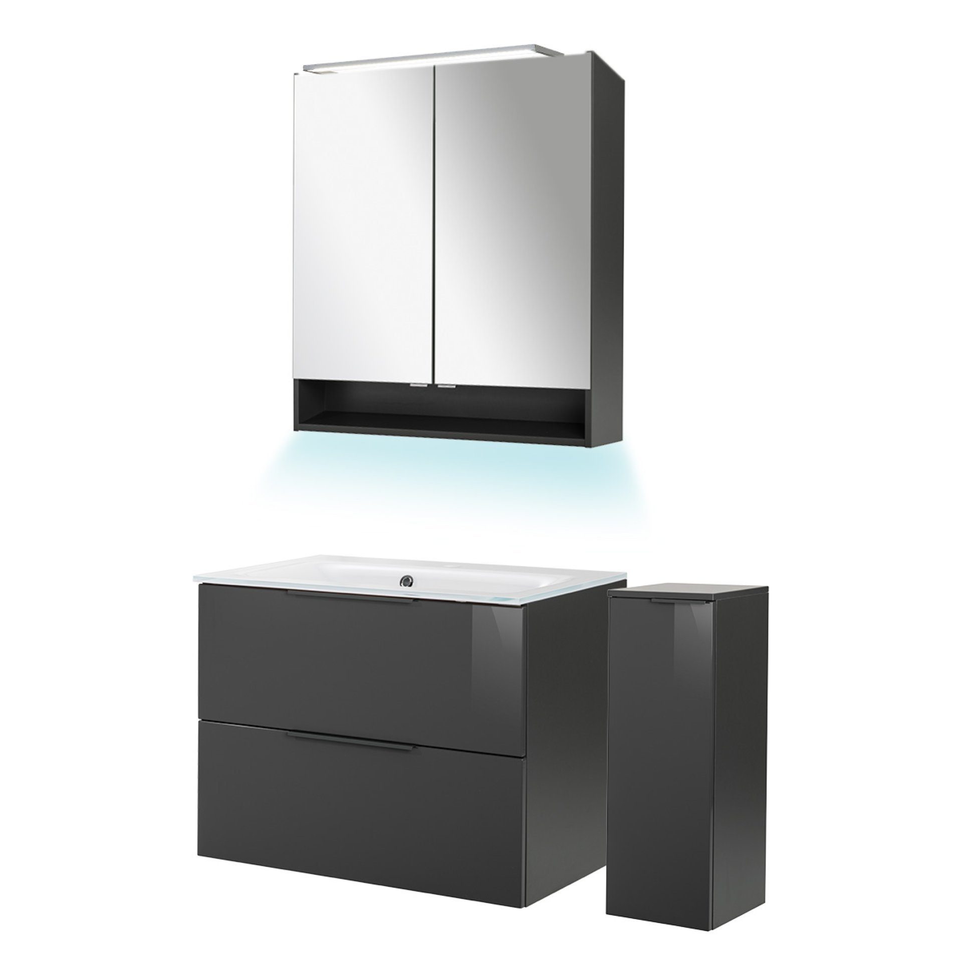 FACKELMANN Badmöbel-Set LUNA Badmöbel Set 5-teilig 80 cm, Glas Weiß+Spiegelschrank+Midischrank