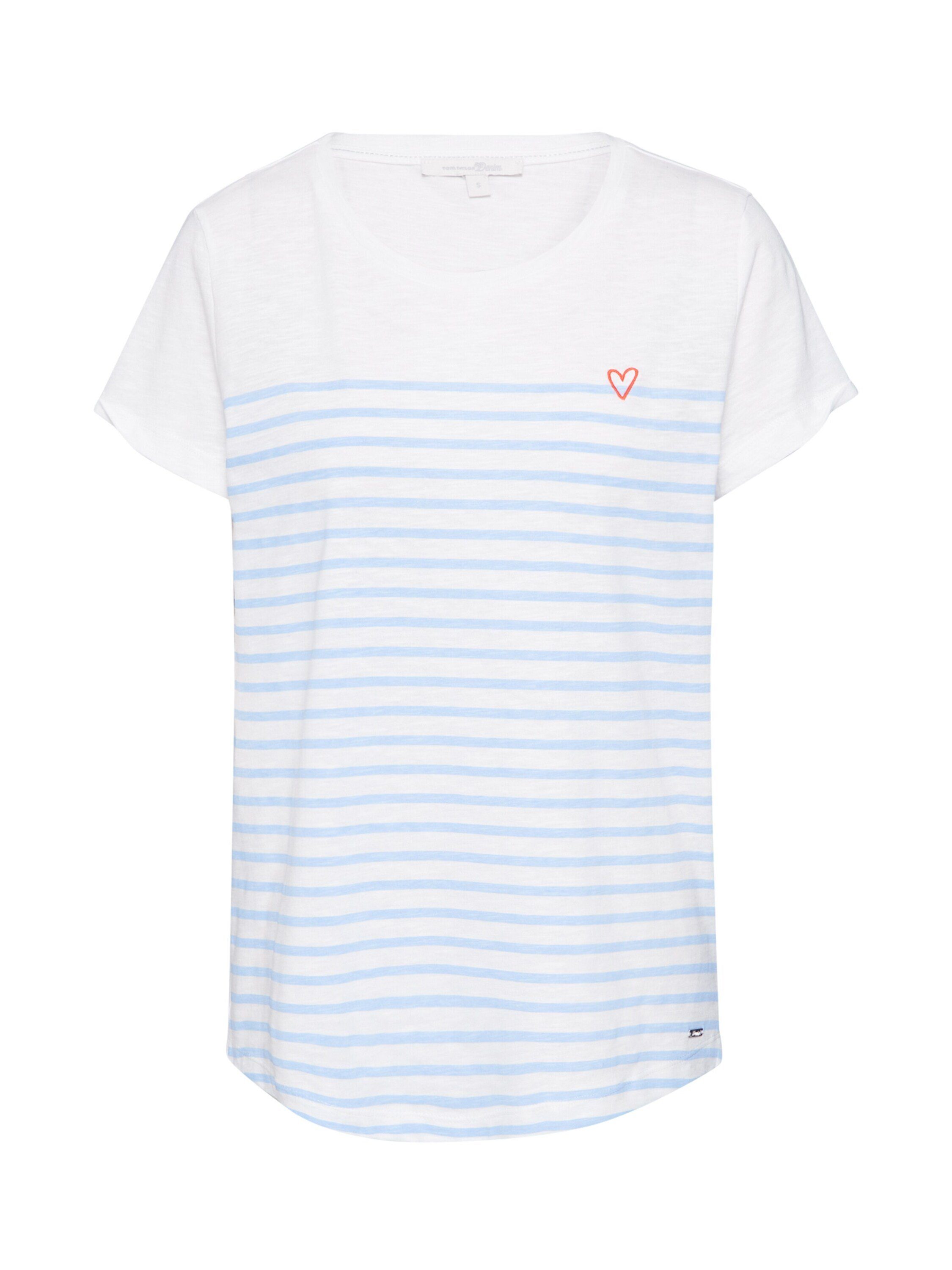 T-Shirt Plain/ohne light stripe TOM Denim Details white (1-tlg) Stickerei, blue TAILOR