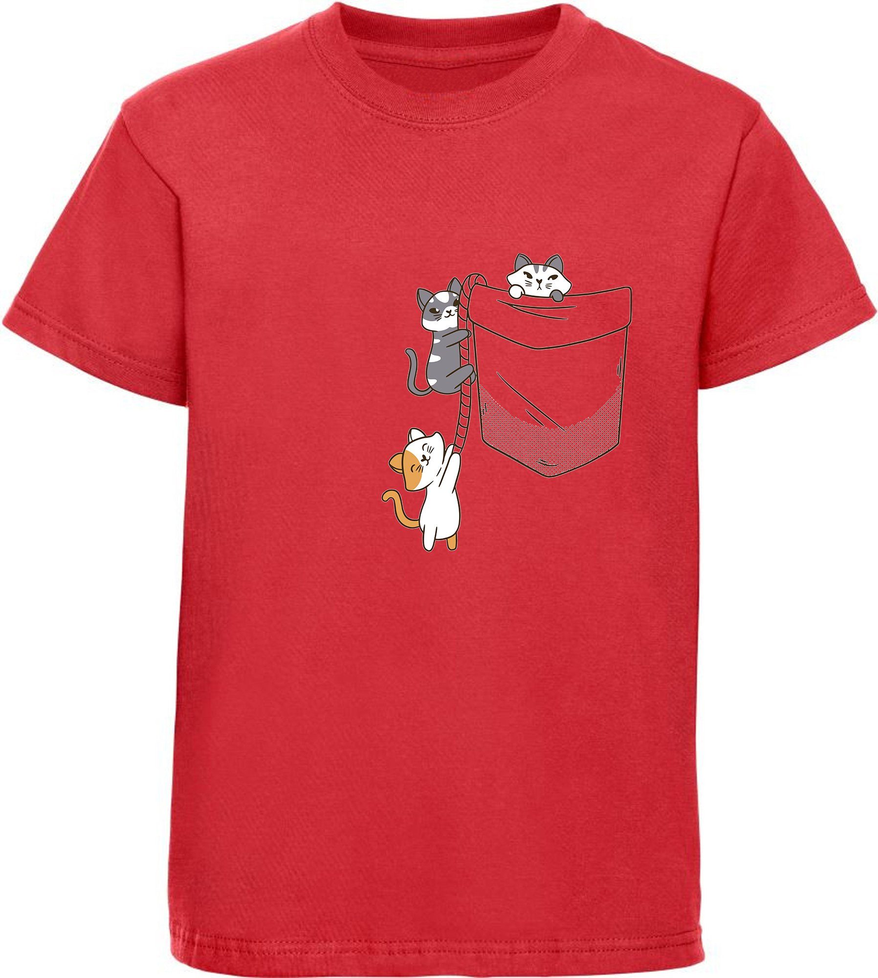 Print-Shirt bedrucktes Mädchen T-Shirt Katzen die in die Brusttasche klettern