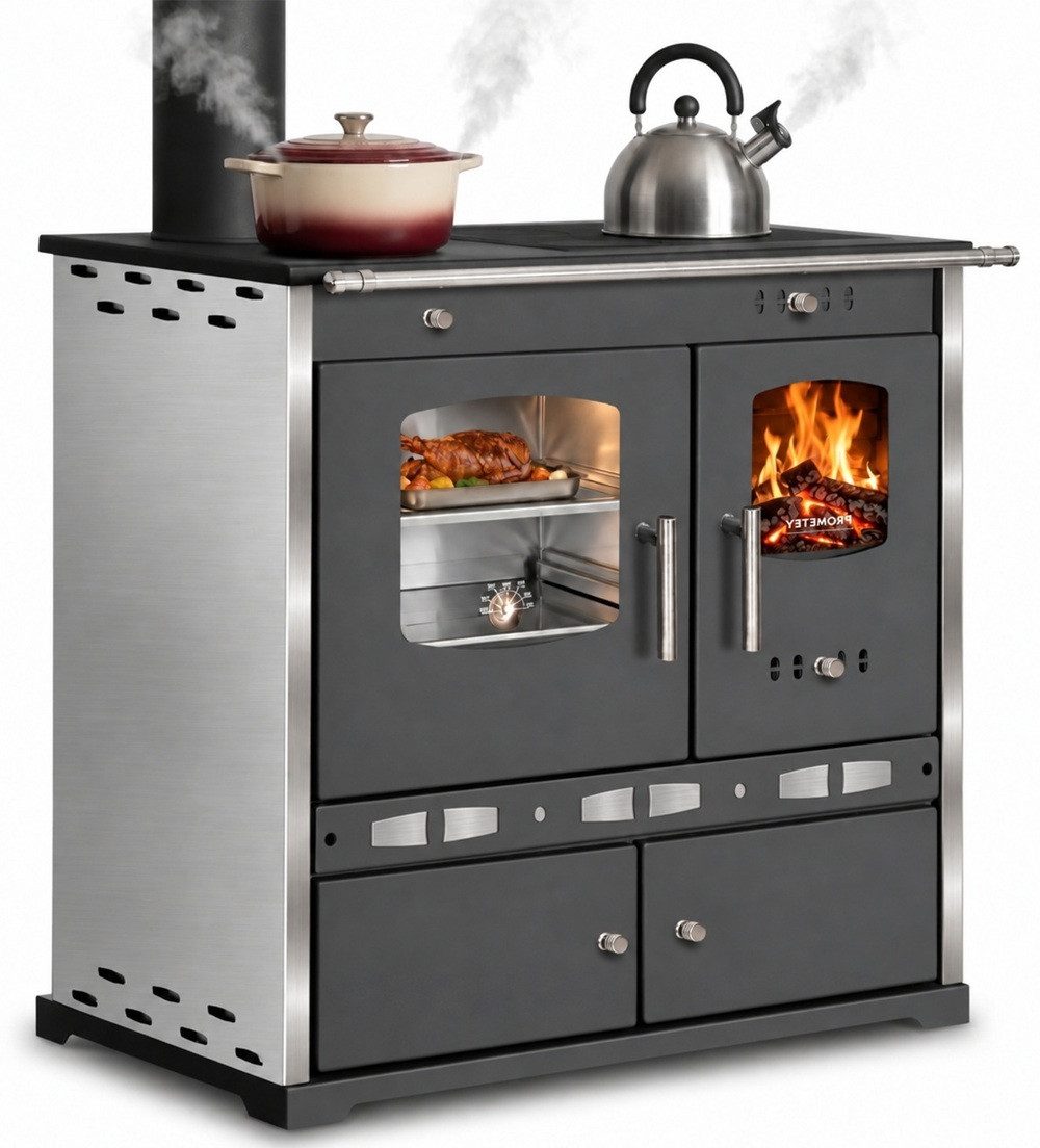 Prometey Festbrennstoffherd ECO LUX INOX, Edelstahlbackfach, Edelstahlverkleidung, 7,1 kW
