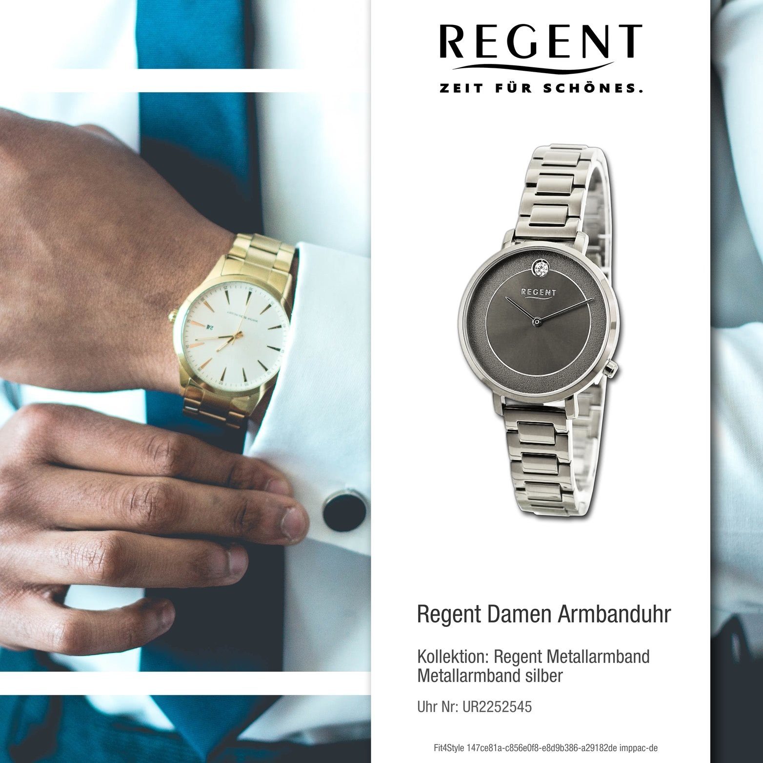 Regent Quarzuhr Regent Damen Armbanduhr 35mm) Analog, (ca. Gehäuse, rundes groß Metallarmband silber, Damenuhr extra