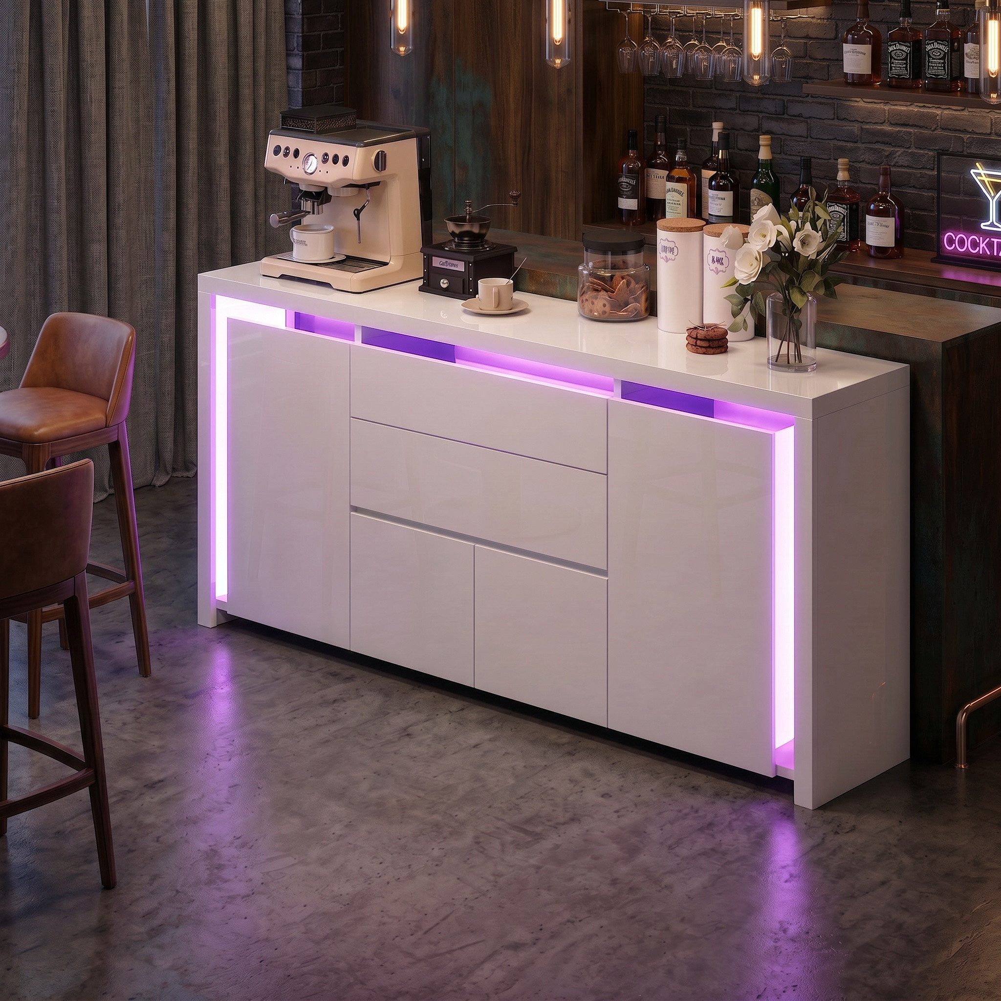 PXloue Kommode Hochglanz Sideboard (LED-Ambientebeleuchtung) Breite 160 cm, Beistellschrank mit 4 Fächern und 2 Schubladen( Push-to-open-Funktion)