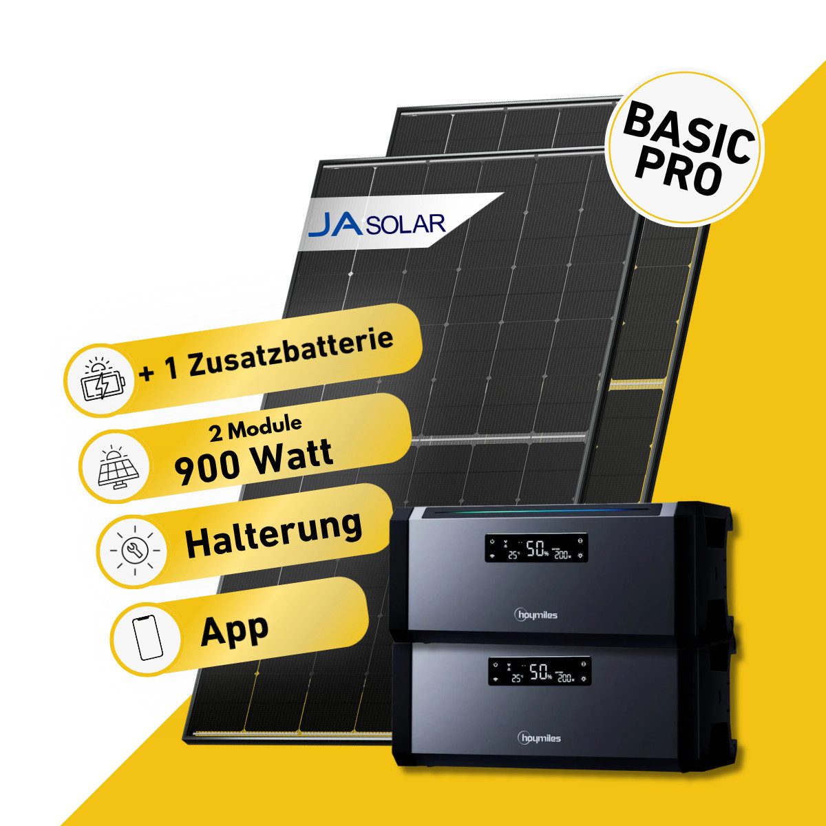 Balkonstrom Balkonkraftwerk Basic Pro 900W Solaranlage mit Speicher Komplettset Bifazial, 900 W, Monokristallin, (2x JA Solarmodul á 450 Watt, 1x Hoymiles HiBattery 1920 AC, 1-4 Zusatzspeicher Hoymiles HiBattery), Halterung für Dach, Fassade, Balkon & Garten, App & Plug&Play DE