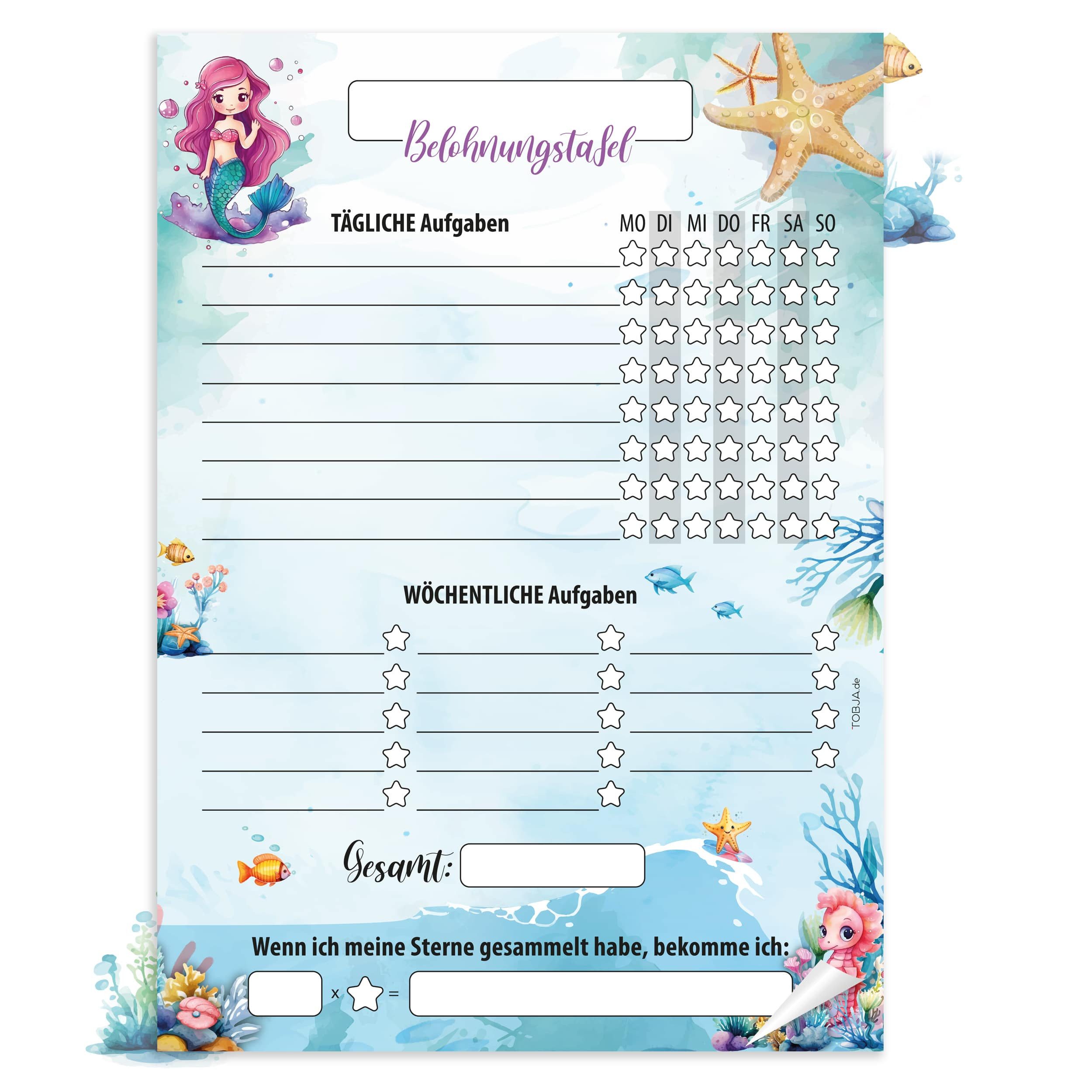 TOBJA Notizblock Belohnungstafel Kinder A4 Block Meerjungfrau, Motiviert Kinder ab 3 Belohnungssystem
