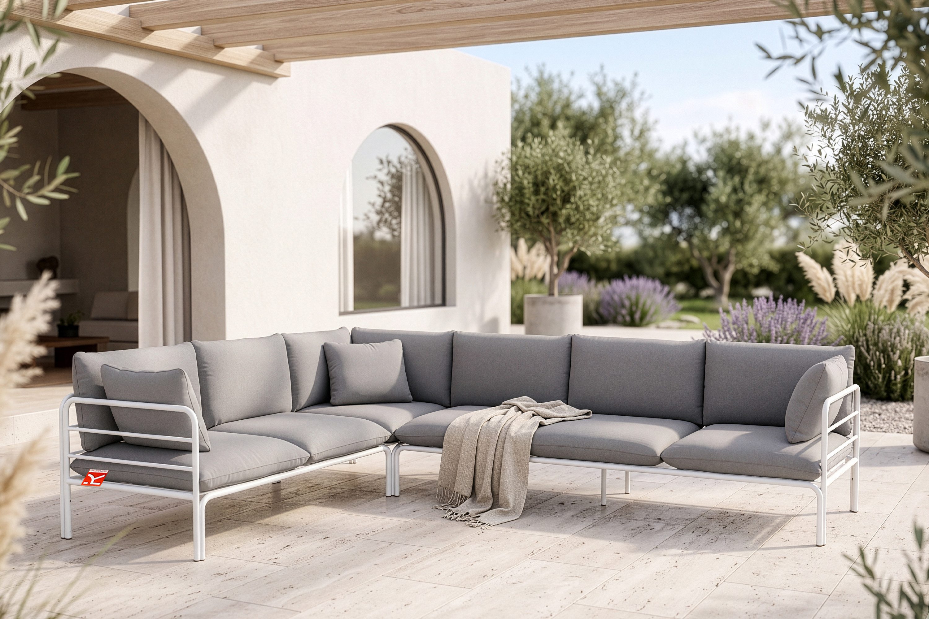 KONSIMO® Loungesofa RAMBE Ecksofa, Gartensofa, links oder rechts, hergestellt in der EU, mit Zierkissen, Gewicht: 80 kg