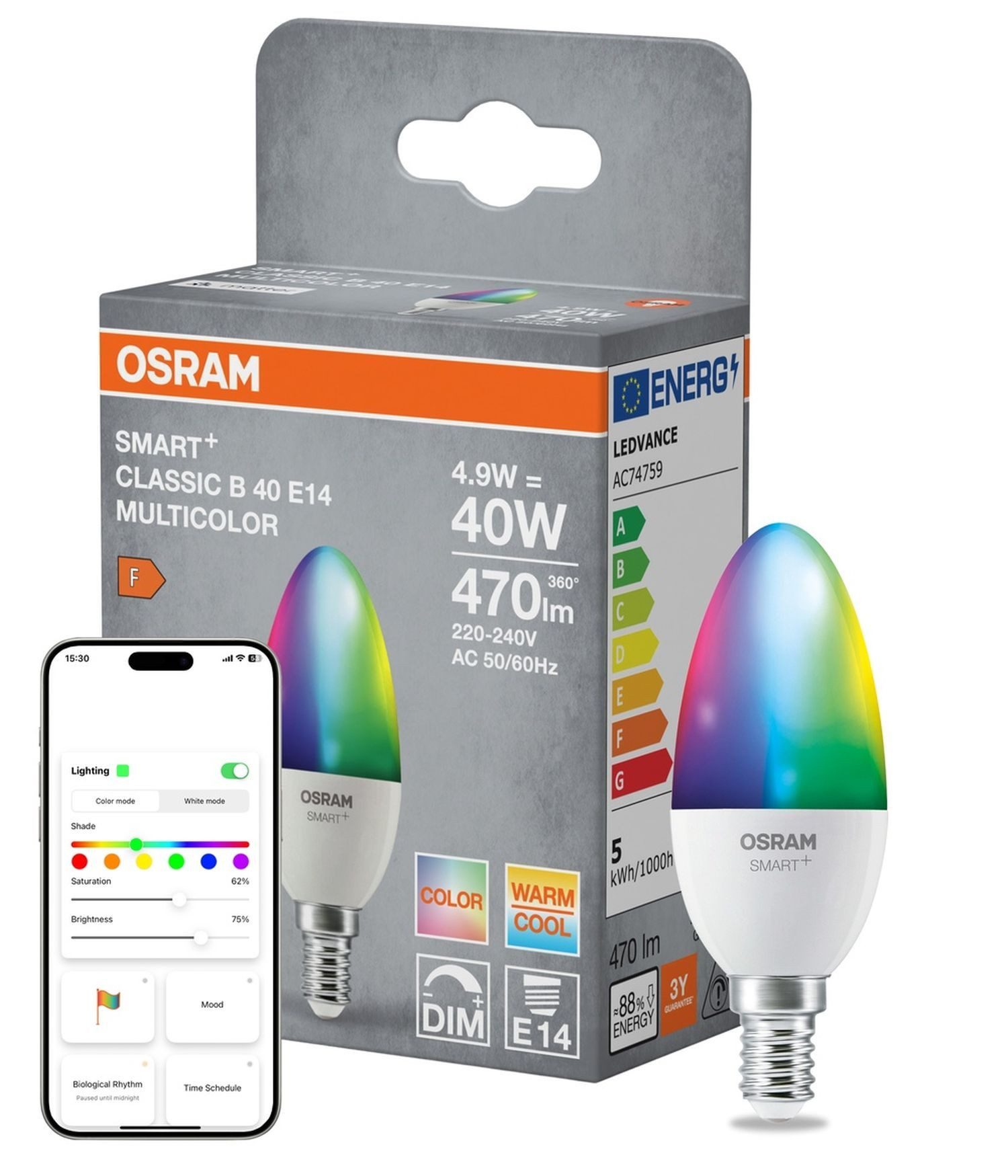 Licht-Erlebnisse LED-Leuchtmittel LAMP, E14, Kerzenlampe E14 RGB CCT 470 lm Smart dimmbar Farbwechsel via App