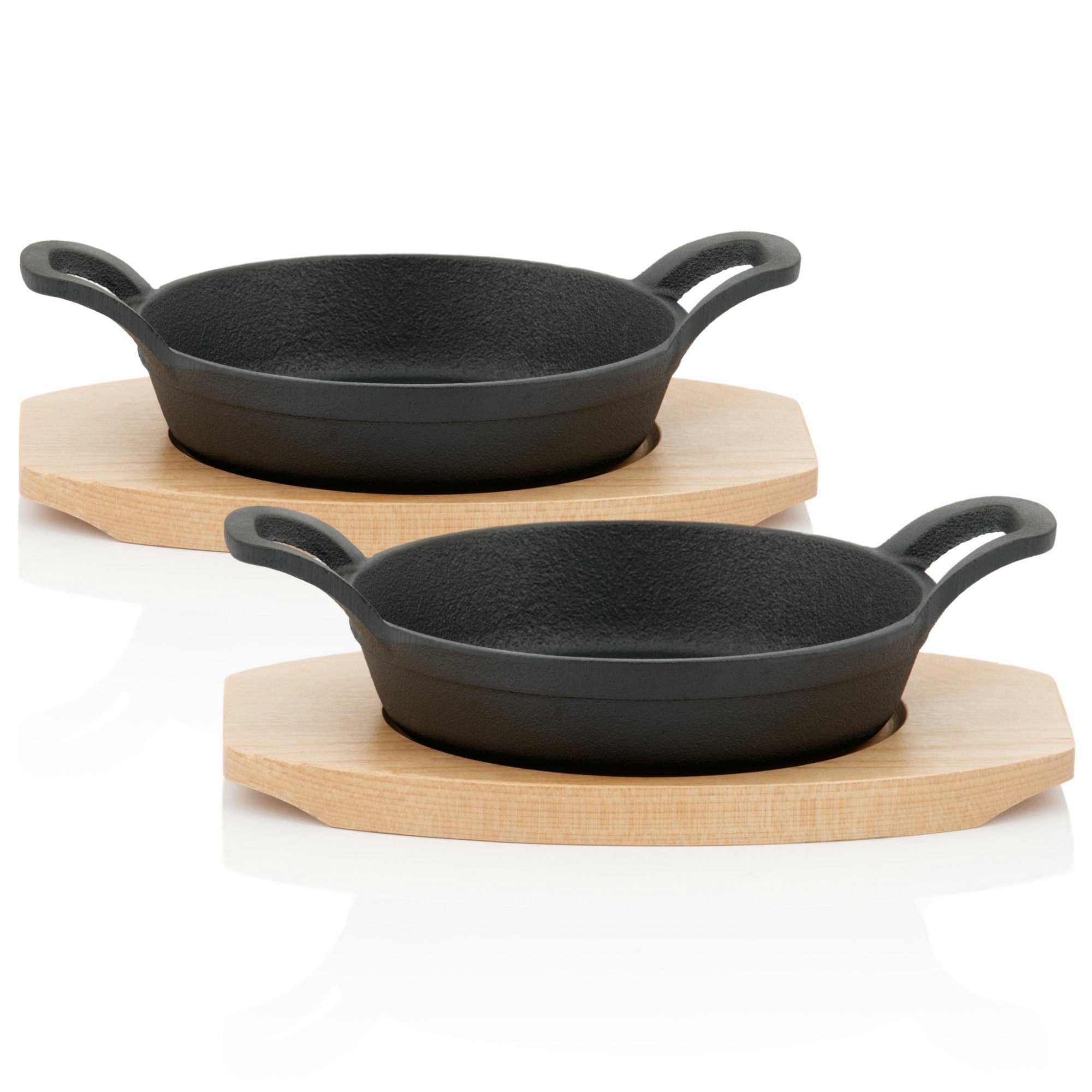 BBQ-Toro Servierpfanne Gusseisen Servierpfännchen mit Holzunterlage (2 Stück), Ø 16, Gusseisen